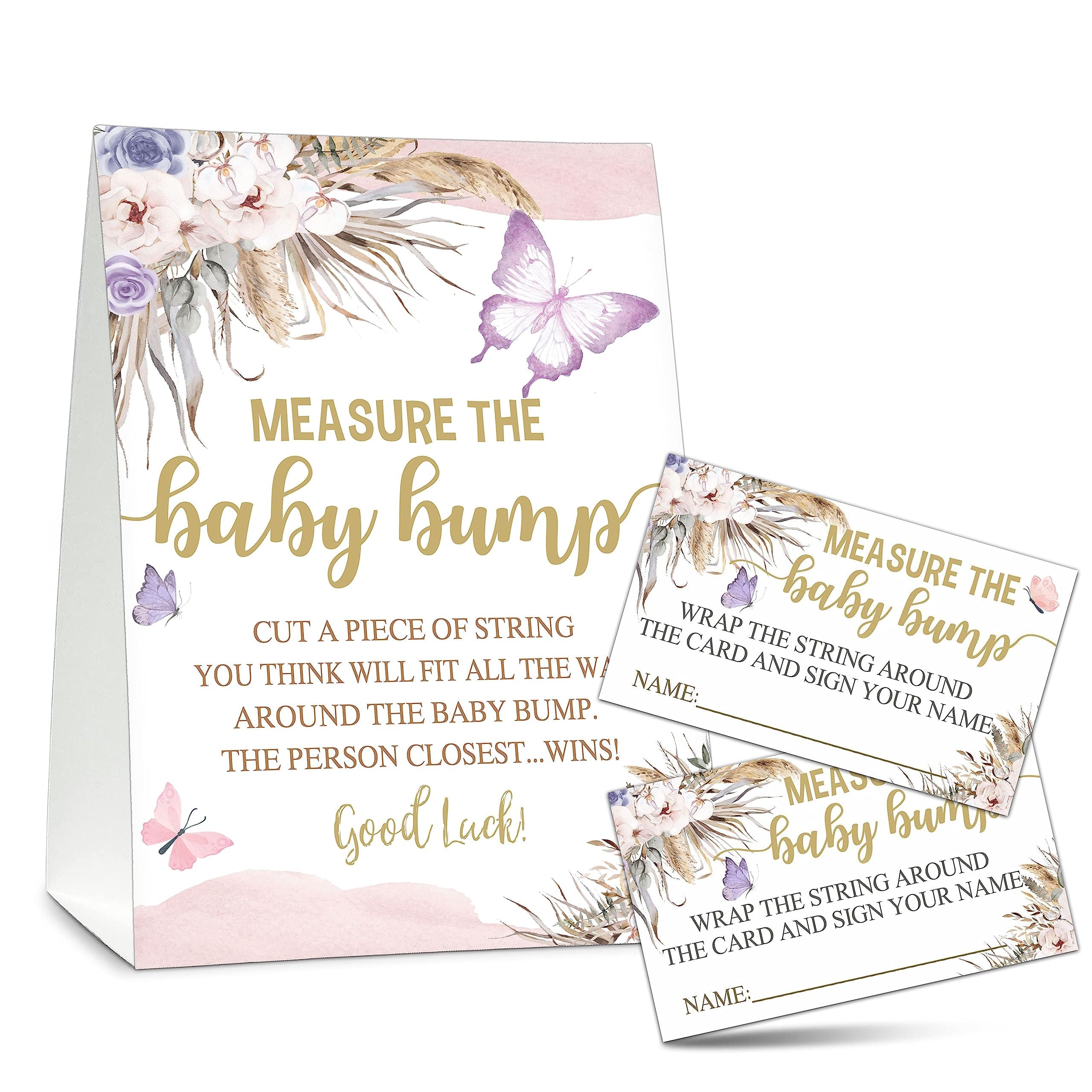 Measure the Baby Bump Baby Shower Game Set, 1 Standing Sign with 50 Guessing Cards, Boho Butterfly Gender Reveal Party Decorations Supplies - C09