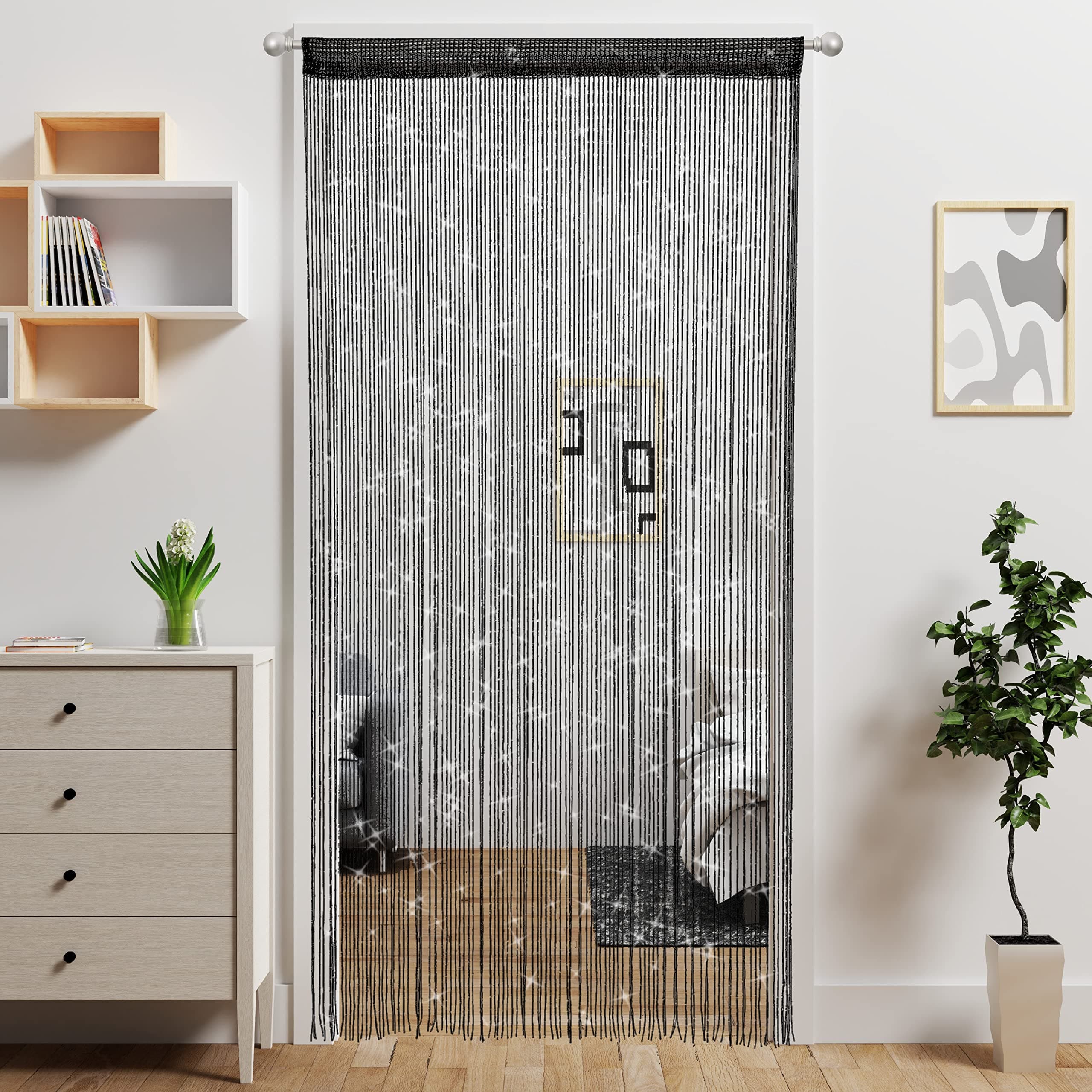 Atsweetlife 2 Pieces Door String Curtain Doorway Beads Curtains,Hanging Room Divider Beaded Decor Hippie Glitter Fringe Panel Closet Window Doors Sequin Sheer Boho Doors Tassel
