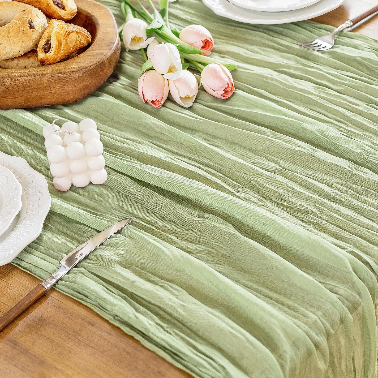 HOMEBROS Cheesecloth Table Runner, Boho Rustic, Sheer Wrinkled Cloth Runner Decor, 10 Ft, Sage Green, 1 Pcs