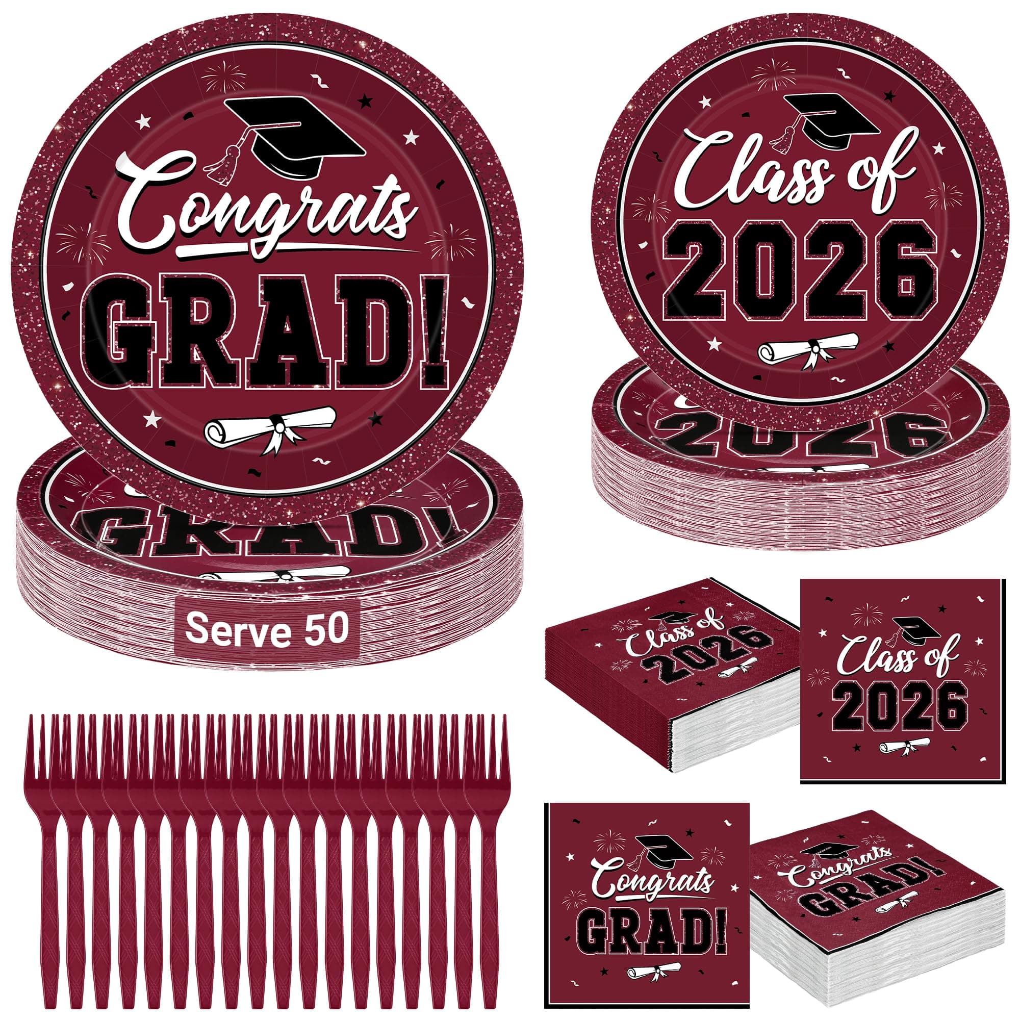 50 SET Graduation Plates and Napkins 2025 and Forks, Maroon Graduation Party Supplies, Disposable Grad Plates Graduation Paper Plates and Napkins, Maroon Graduation Decorations Class of 2025