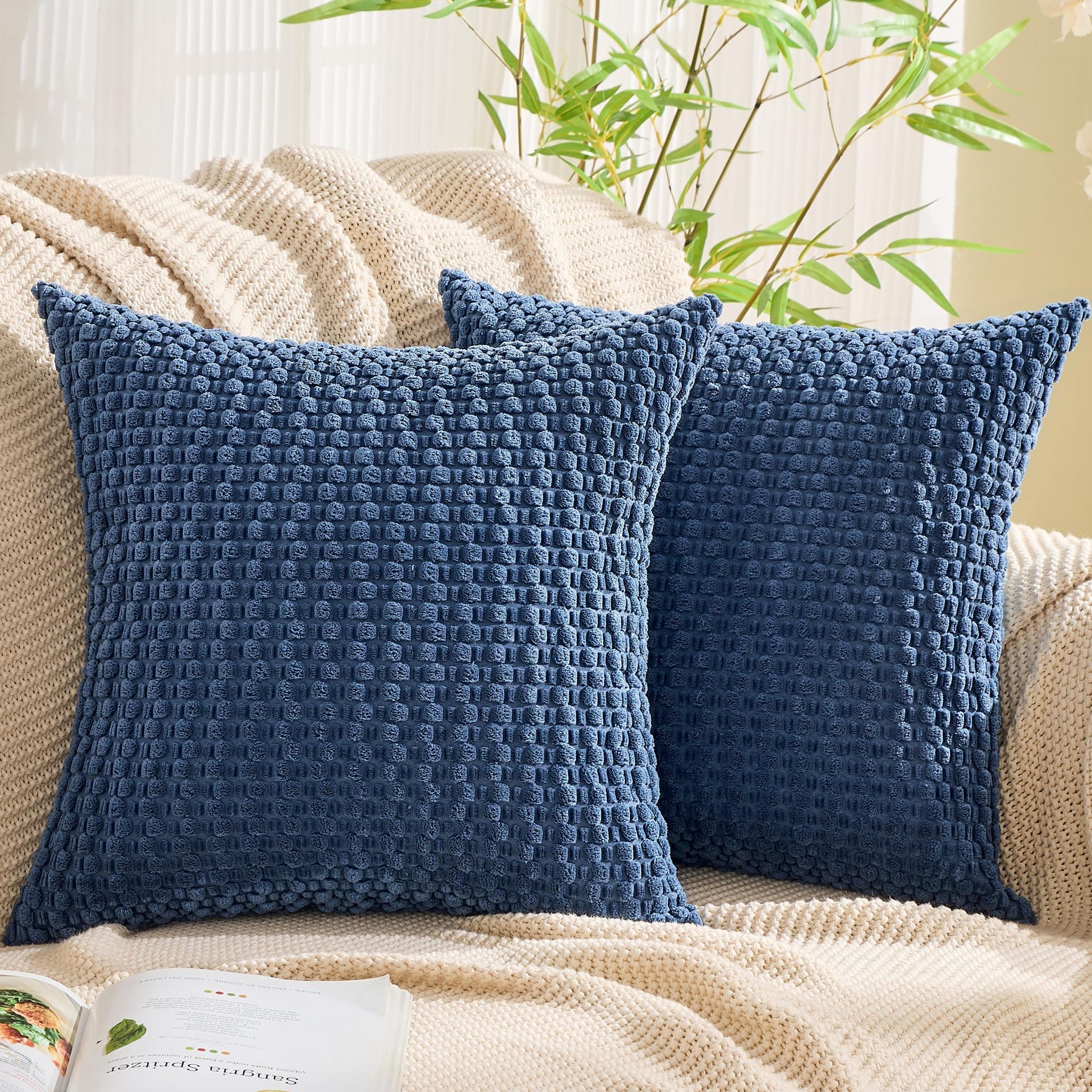 GAWAMAY Decorative Throw Pillow Covers 16x16 Inch Set of 2 for Living Room Couch Bed Sofa, Farmhouse Square Cushion Cover Soft Striped Corduroy Pillow Cases Boho Accent Home Decor (40x40cm) Dark Blue