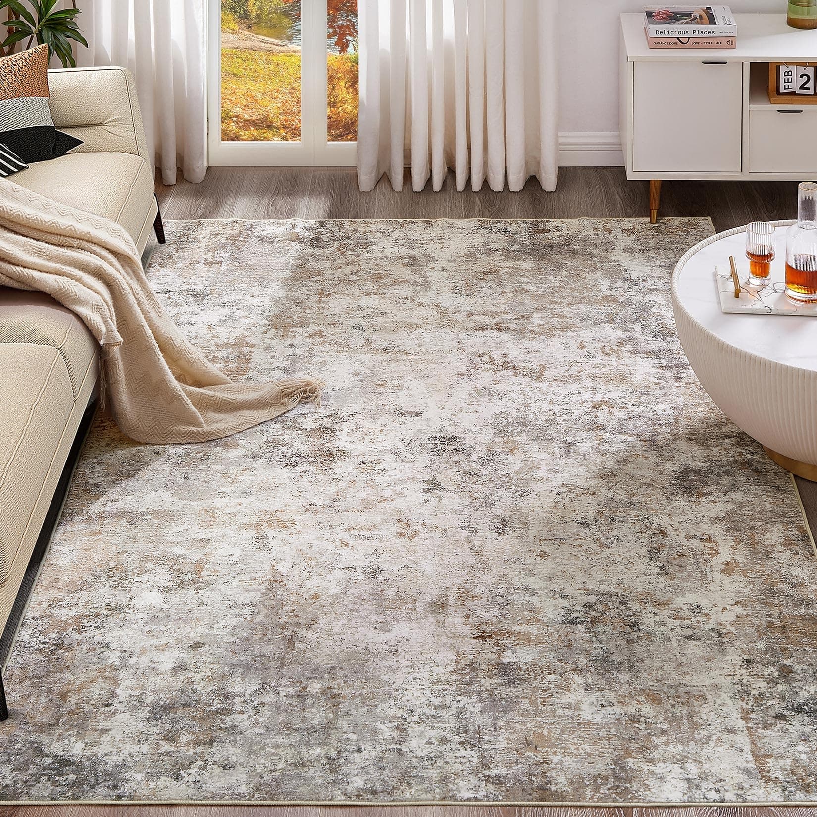 UERMEI 5 x 7 Living Room Rugs Washable Neutral Modern Abstract Soft Thin