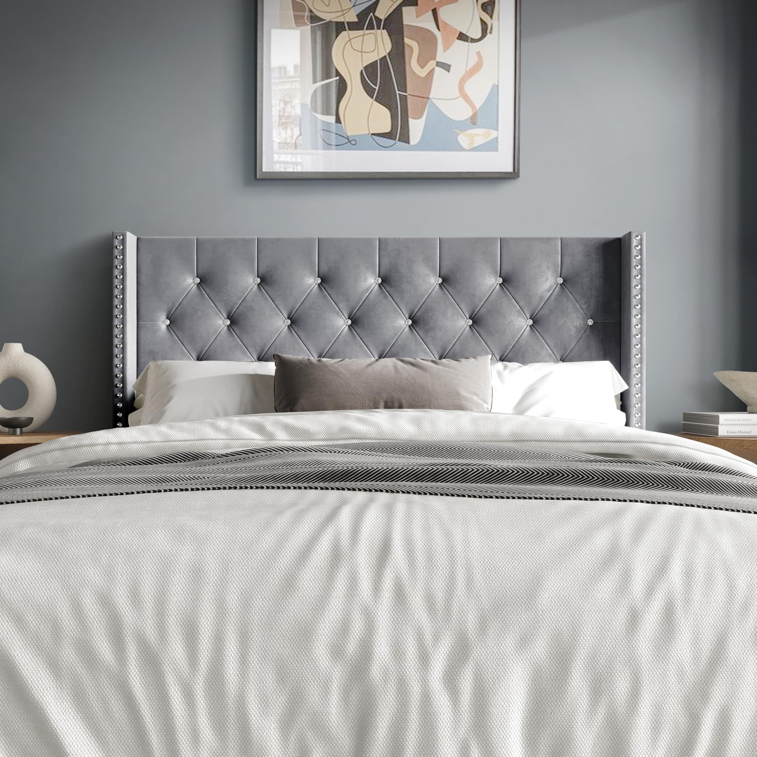 Home Design Gretna Queen Wingback Tufted Upholstered Velvet Headboard with Chrome Nailhead Trim, Silver Gray
