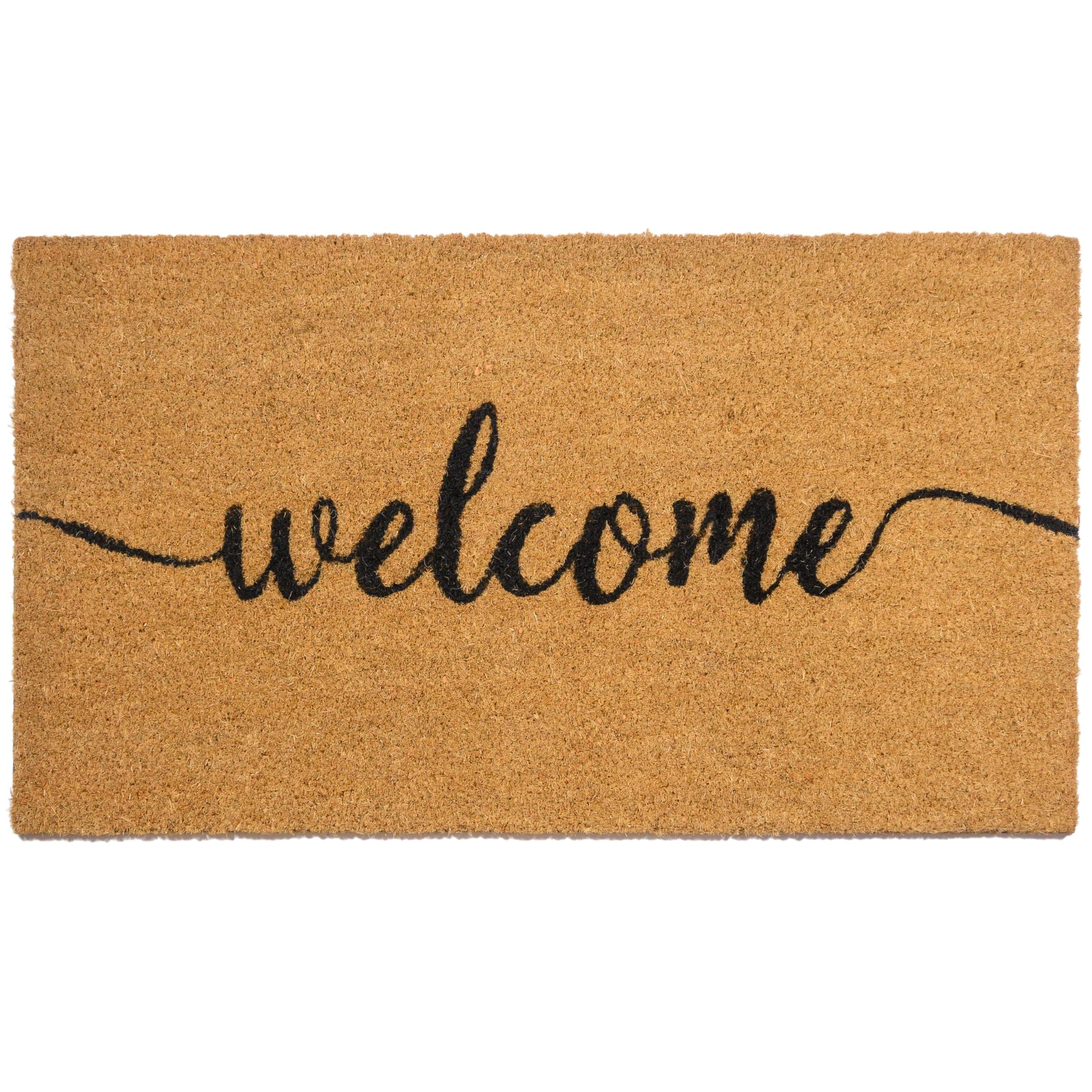 Welcome Mat 30x17 Inch Script, Front Door Coir Doormat Outdoor Covered Area