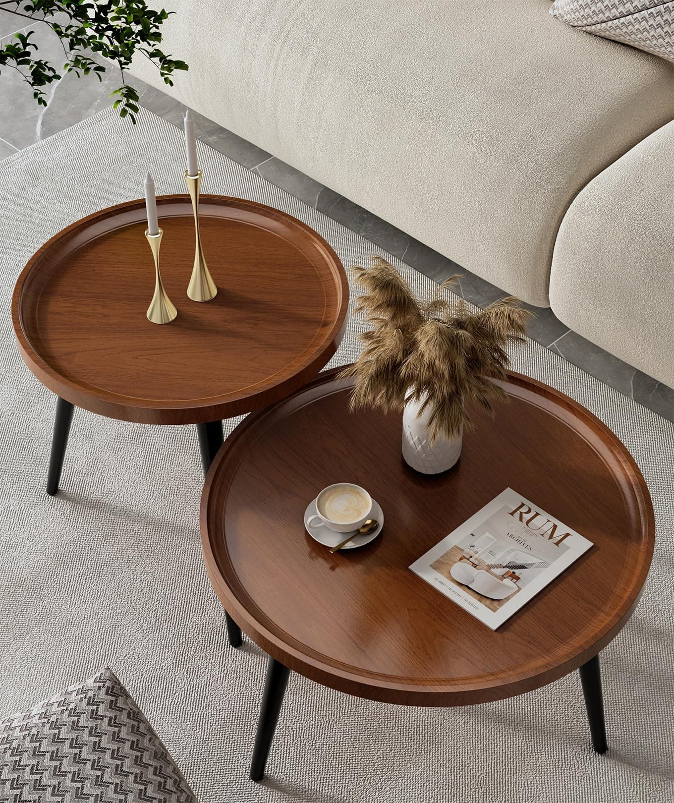 IKSII 2-Piece Modern Round Coffee Tables for Living Room,Easy Assembly Nesting Coffee Tables Mid Century,Walnut Color Circle End Side Tables for Bedroom Office Balcony Yard
