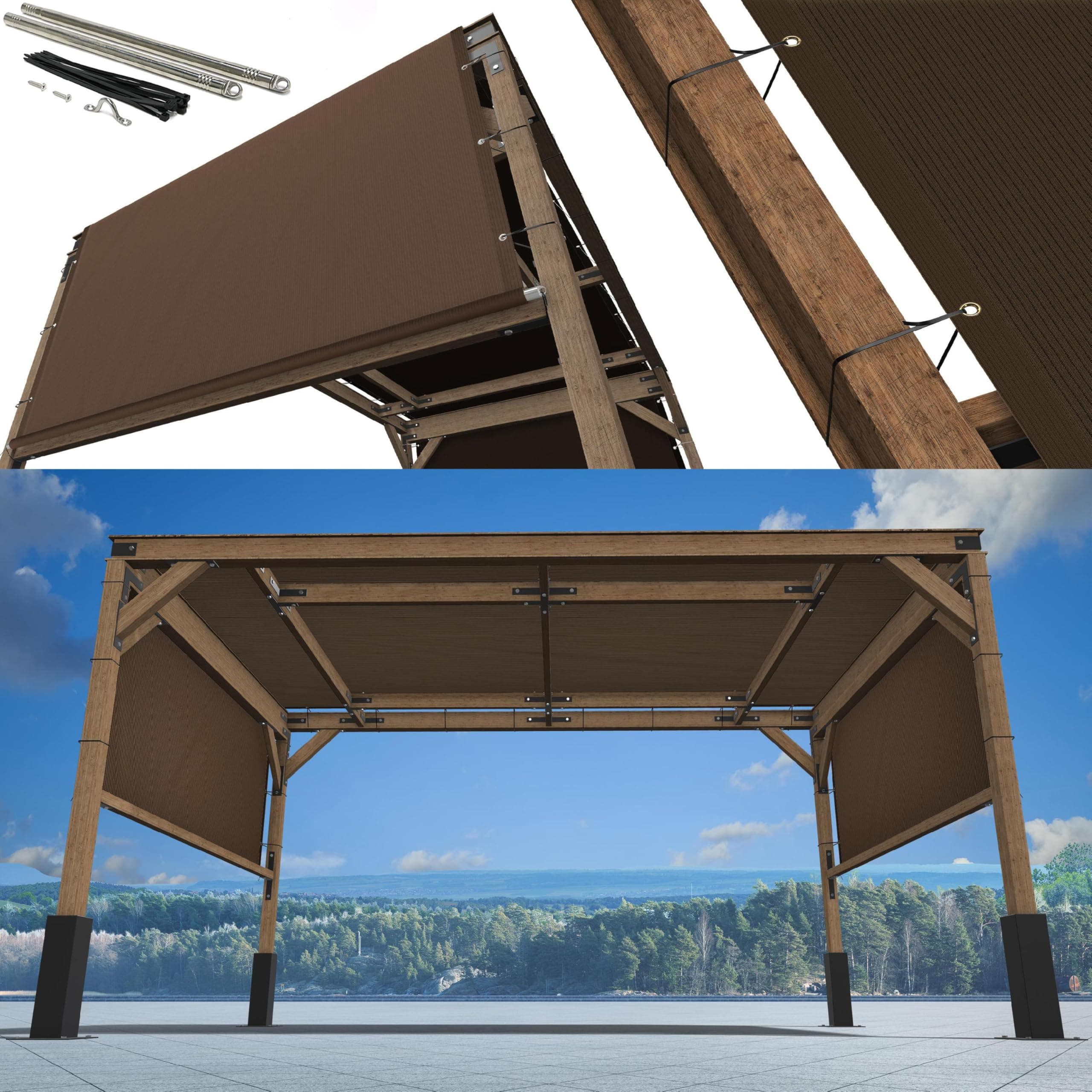 ShadeMart 12' W x 16' L Brown Pergola Shade Cover with Stainless Steel Weighted Rods and Grommets - Outdoor Patio Canopy Replacement - Commercial Grade 260 GSM Cloth (We Make Custom Size)