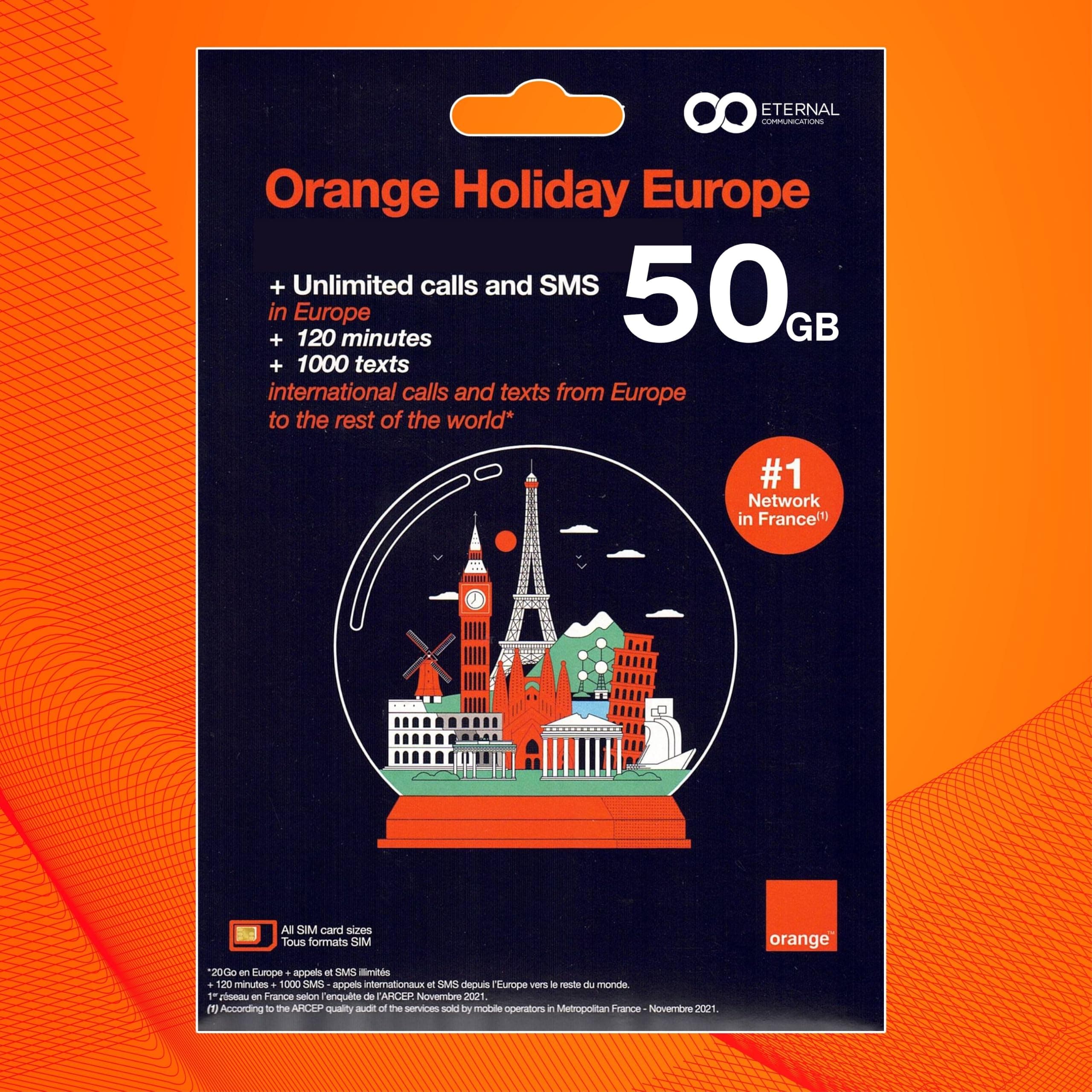 Preloaded Orange Travel Sim Card Now with 50GB of 4G Data, Unlimited Calls & Texts in Europe, 120 mins + 1000 SMS from Europe to Worldwide (Lasts for 31 Days). Tethering Allowed.