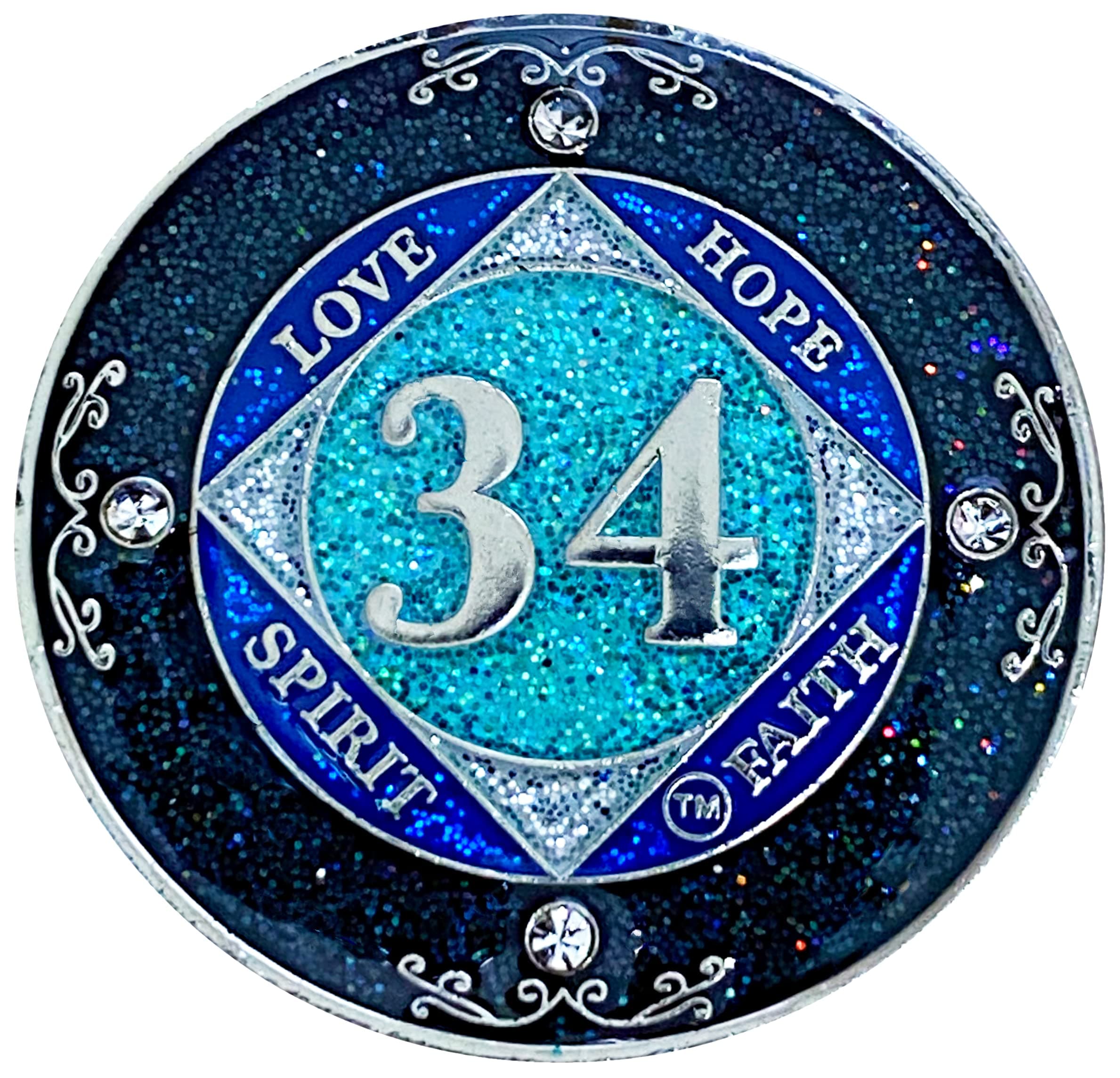 (Years 1-50) NA 34 Year Crystals and Glitter Medallion, Silver Color Plated Coin, Black Rainbow, Blue Glitter and Four Clear Crystals, Epoxy Covered (NA 34 Year Glitter & Crystals Medallion)