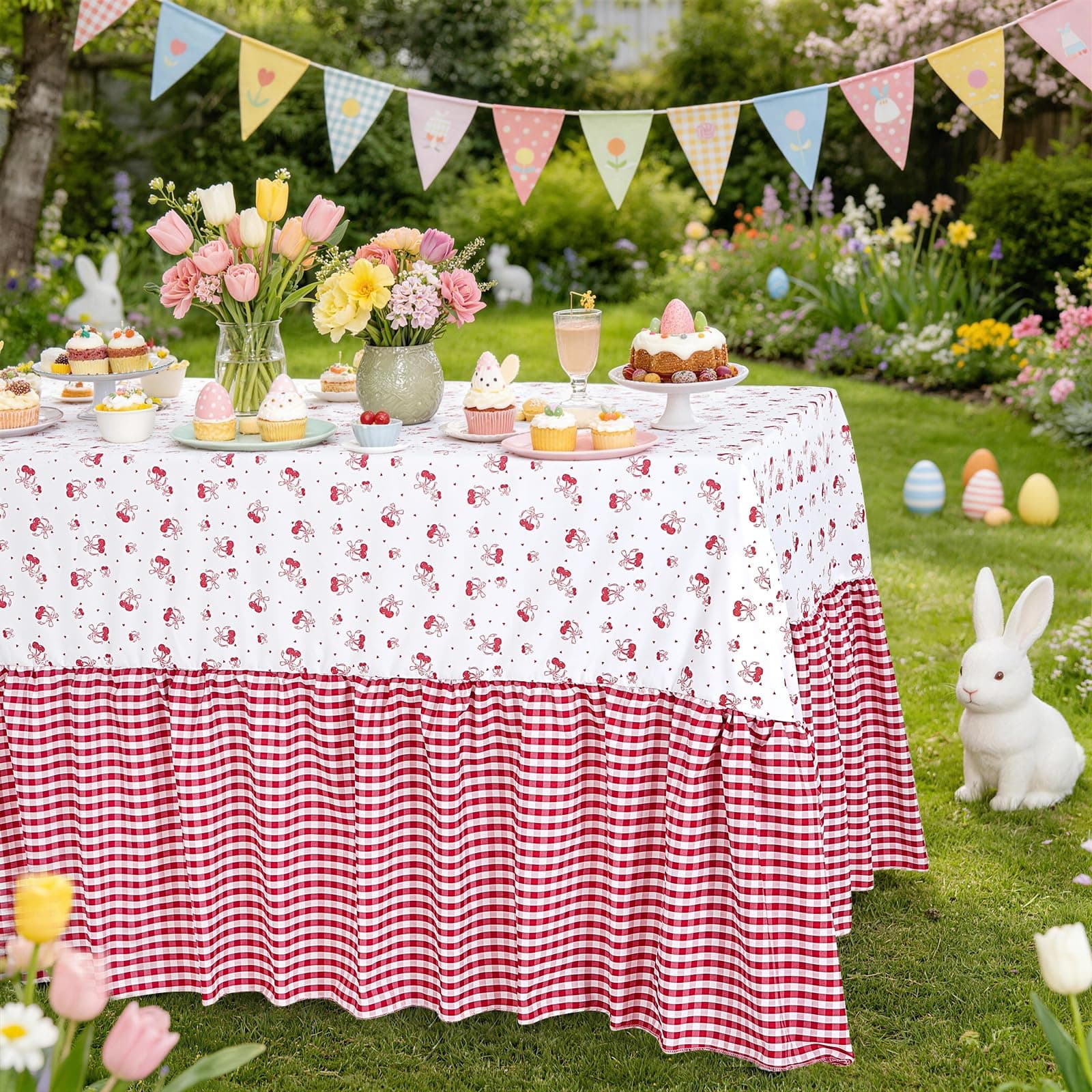 SoarDream Red Bow Ruffle Tablecloth - 80 x 120 Inch Spring Waterproof Table Cloth Polyester Rectangle Table Covers for Holiday Picnic Baby Shower Birthday Wedding Party Decoration