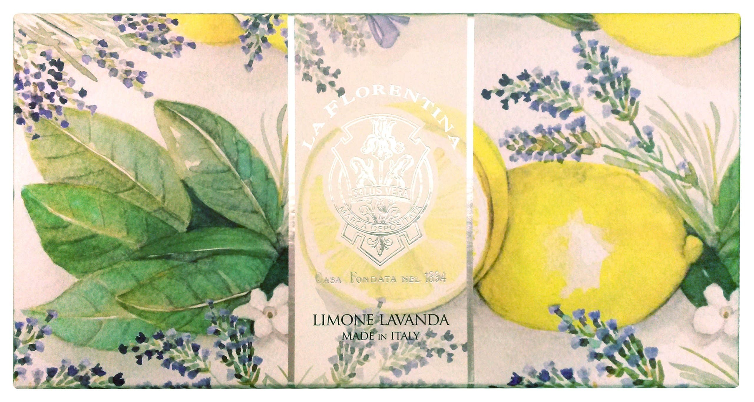 La Florentina: "Limone Lavanda" Bar Soaps, Lemon Lavender Scent, "Bellosguardo" Collection - Pack of 3 Soaps, 5.3 Ounces (150g) Each, Gift Box [ Italian Import ]