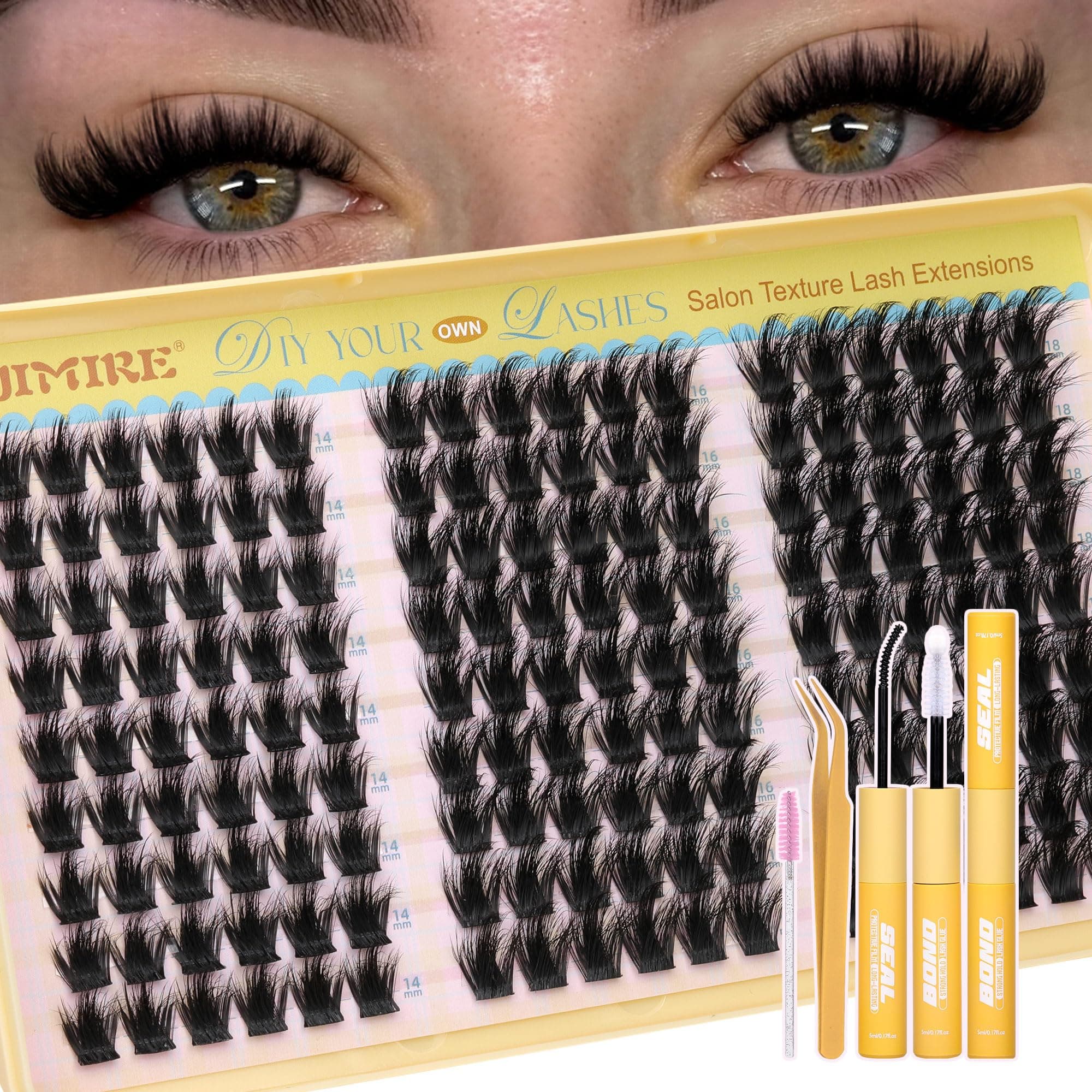 Fluffy Cluster Lashes Kit Manga Lash Extension Kit D Curl Wispy Lash Clusters with Bond and Seal Lash Glue 14-18MM Fluffy DIY Cluster Lashes at Home by JIMIRE