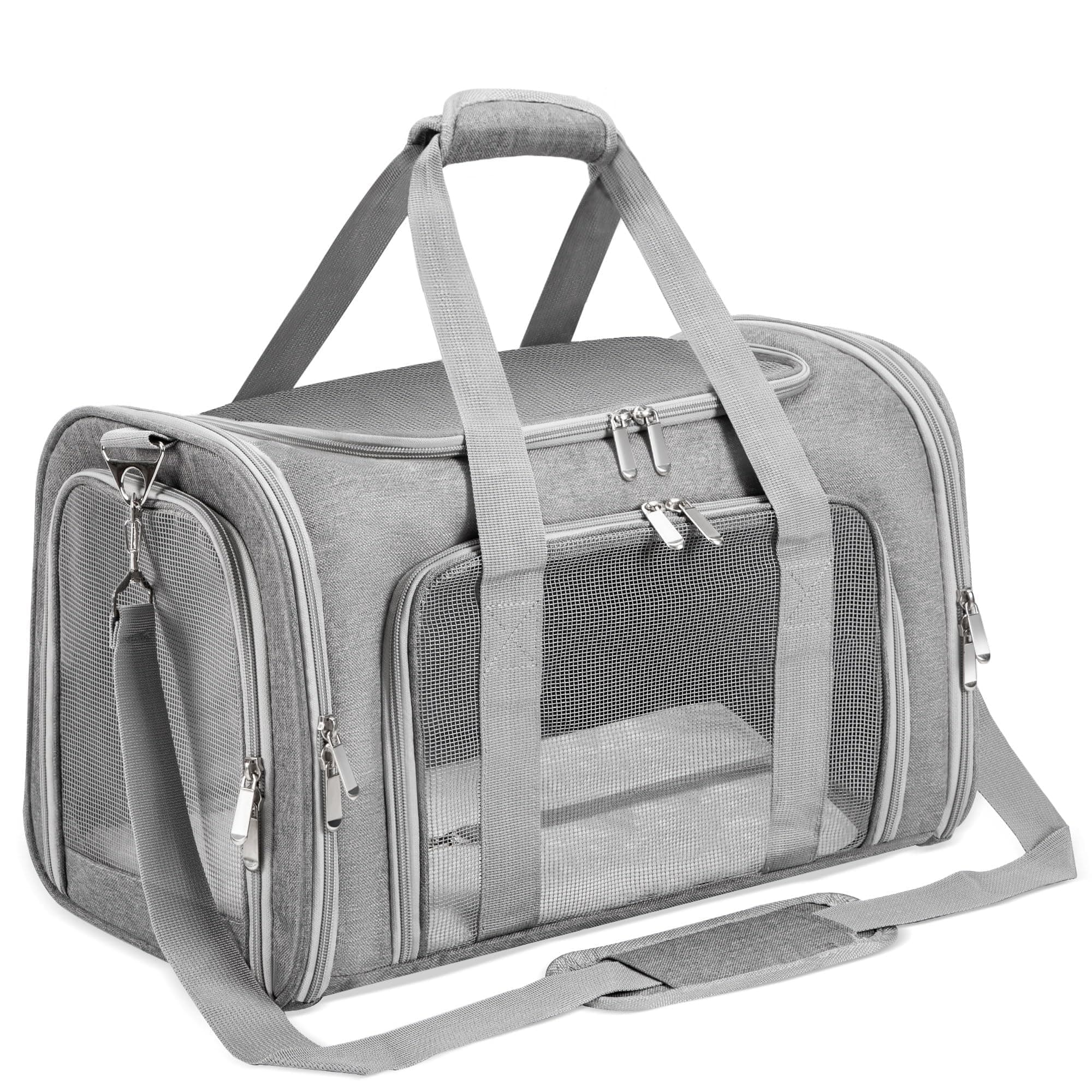 Soft-Sided Cat/Dog/Pet Carrier, Collapsible Pets Travel Carriers for Big Cats/Small Dogs with Shoulder Strap & Removable Mat, Mesh Puppy Carry Bag, Up to 25 Lbs(Gray)