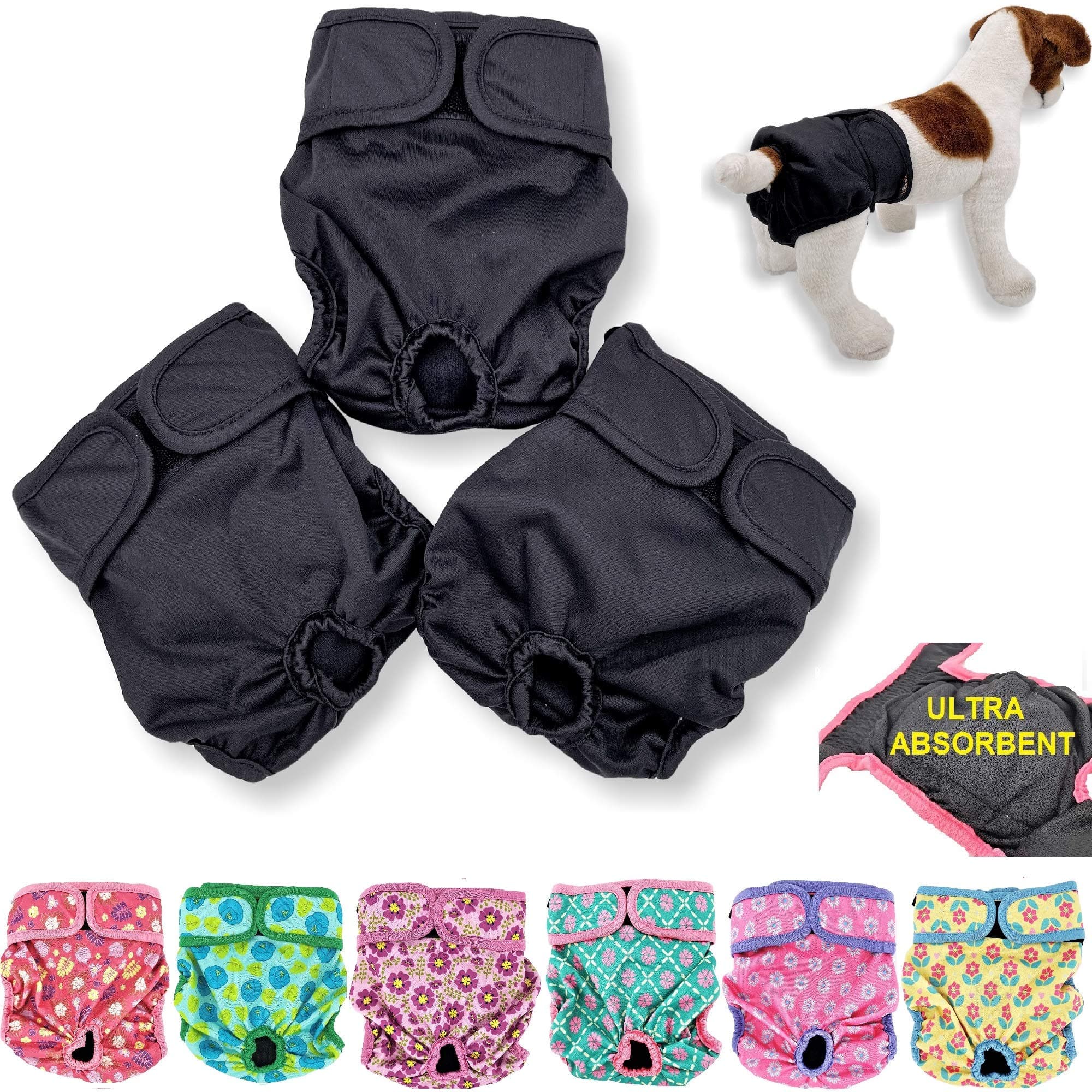 Pack of 3 or 6 Female Dog Diapers with 4 - Layers of Absorbent Pads Cat Panties Waterproof Leak Proof Washable (XS: Waist 8" - 12", Pack of 3 Black)