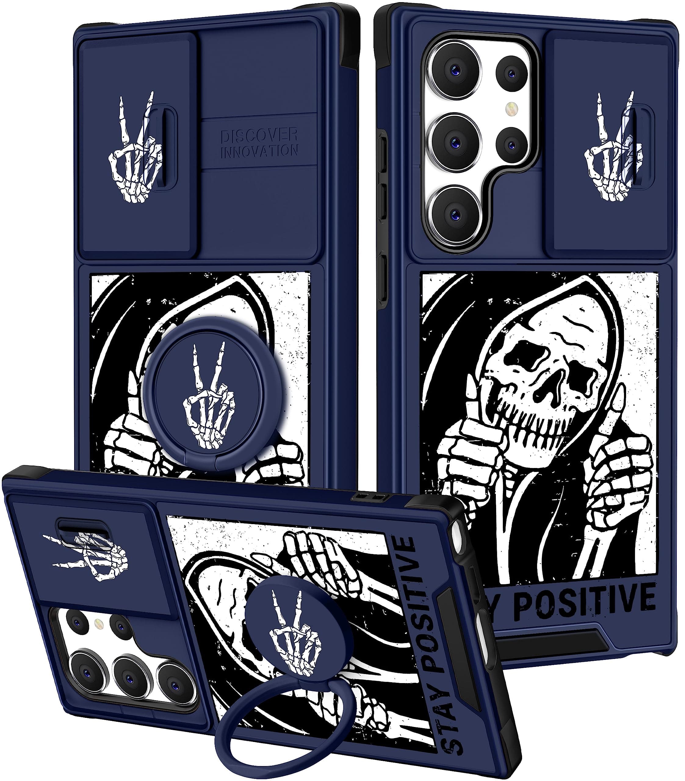 Funermei (2in1) for Samsung Galaxy S22 Ultra Case for Women Skull Cute Skeleton Phone Cover Boys Girls Scary Spooky Goth Funny Design with Camera Cover+ Ring Stand Funda for Galaxy S22 Ultra Case 5G