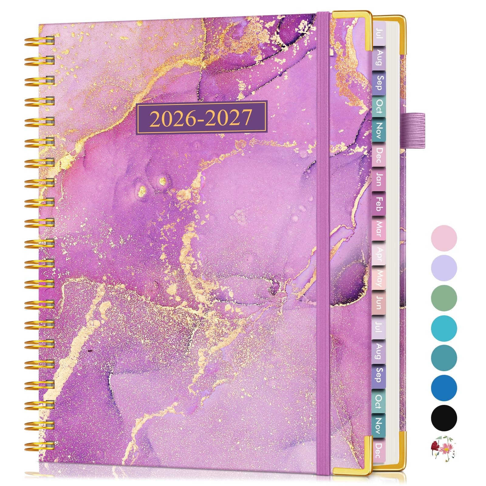Planner 2026-2027, 18 Months Weekly and Monthly Hardcover Planner, January 2026 - June 2027, 8.5" x 11" A4 Large Daily Calendar Planner Book with Tabs, Spiral Yearly Agenda Organizer Notebook for School Work Home, Purple Marble