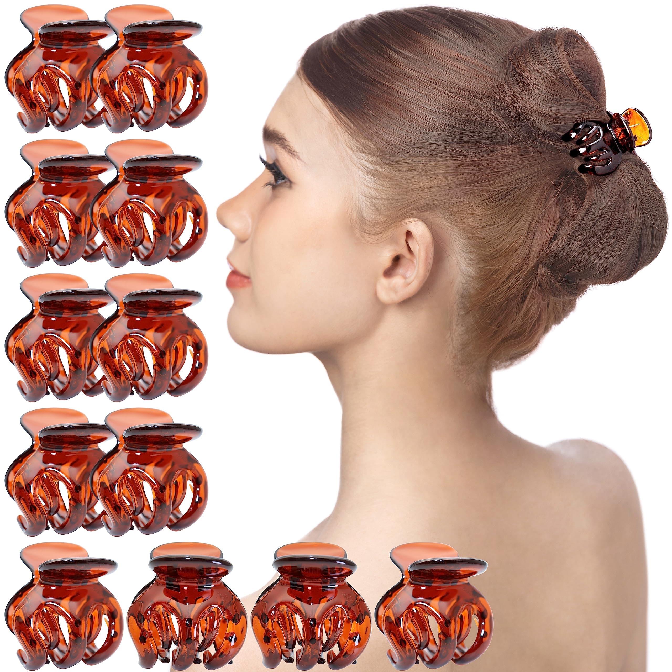 RC ROCHE ORNAMENT 12 Pcs Womens Octopus Claws Jaw Pumpkin Hair Clips Interlocking Teeth Strong Hold No Slip Grip Quality Clutcher Clamp Classic Beauty Fashion Accessory, Small Brown