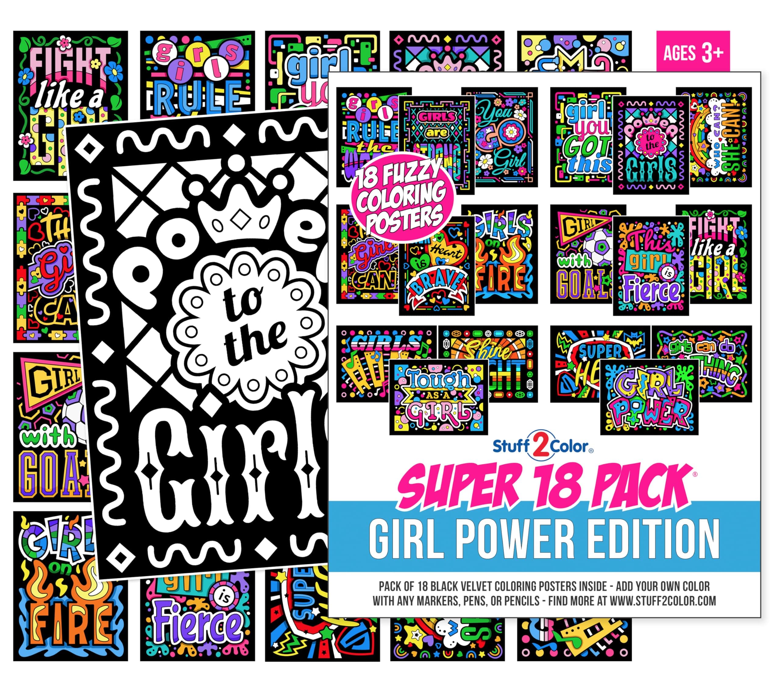 Super Pack of 18 Fuzzy Velvet Coloring Posters (Girl Power Edition) - Great for Arts and Crafts, Inspiration, Confidence, Travel, Quiet Time, Sharing, Parties [All Ages: Girls, Toddlers, Teens]