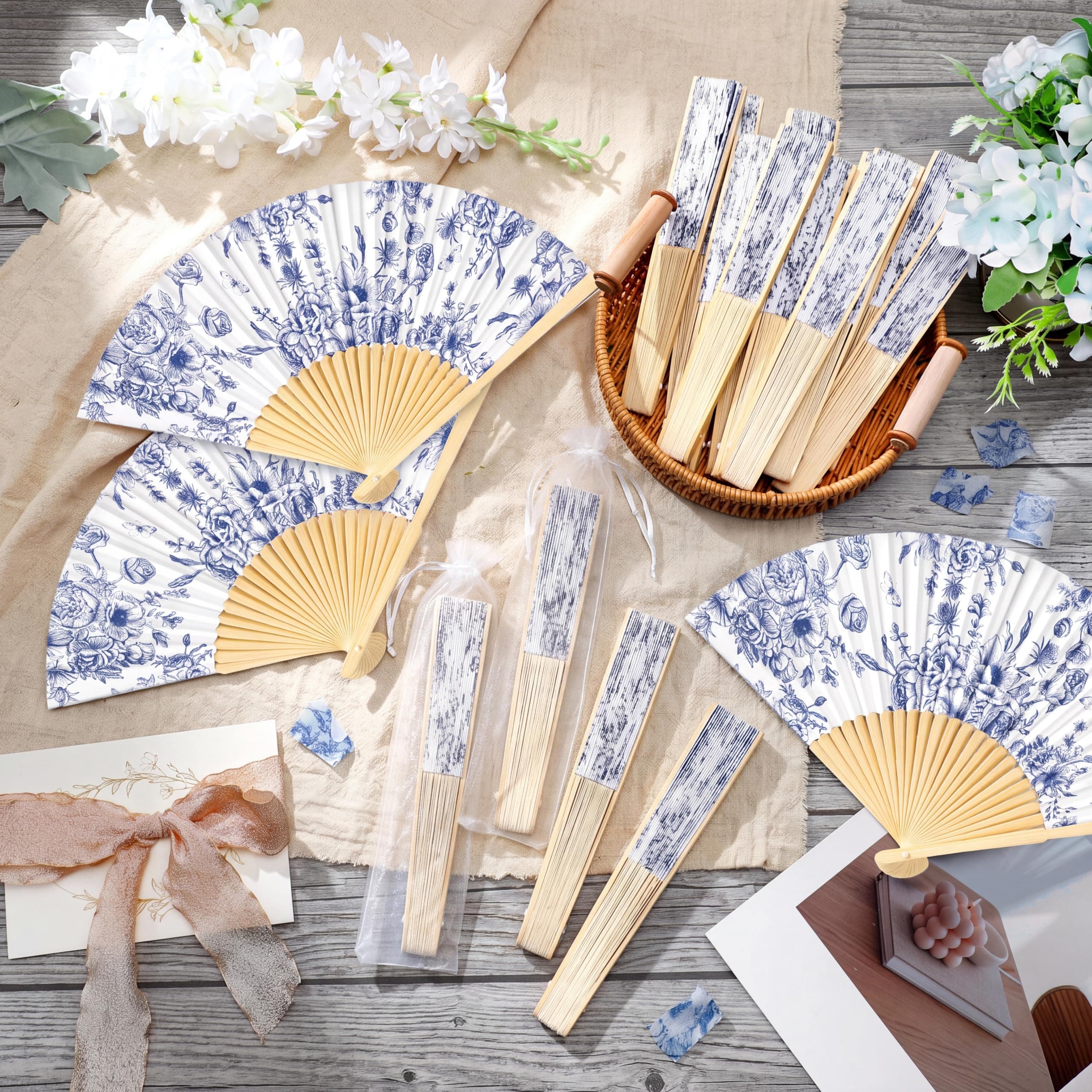 Vercraft 50 Sets Blue Floral Folding Fans with Organza Bags Bulk Vintage Handheld Paper Fans for Wedding Favors, Bridal Showers, Bridesmaid Gifts, and Event Decorations