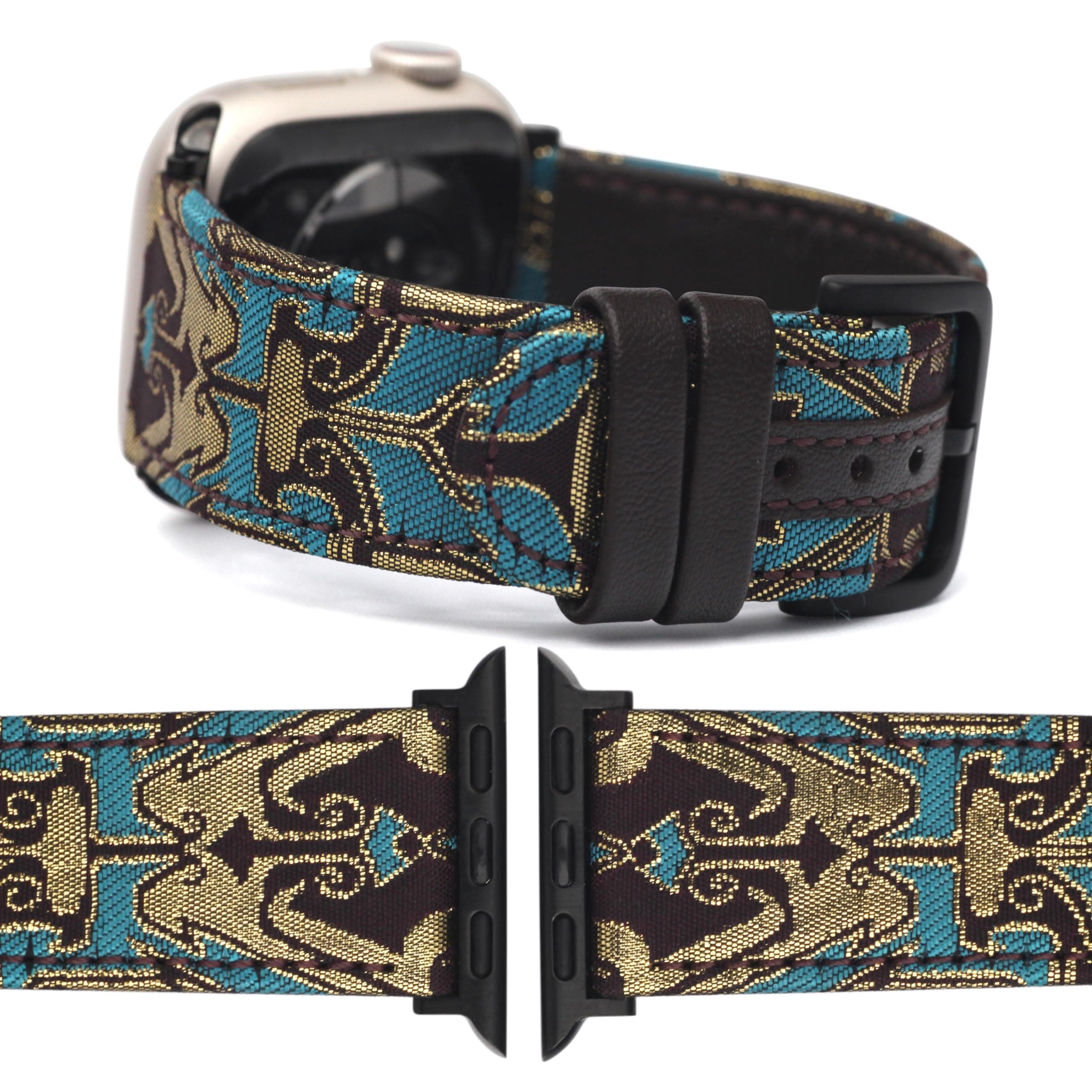 TMEGMIC Handmade Leather & Gold-Woven Fabric Smart Watch Band – Dark Coffee Taotie Pattern Limited Edition, Compatible with Apple Watch and Most 38–49mm Smart Watches (Dark Coffee, 38mm/40mm/41mm/42mm