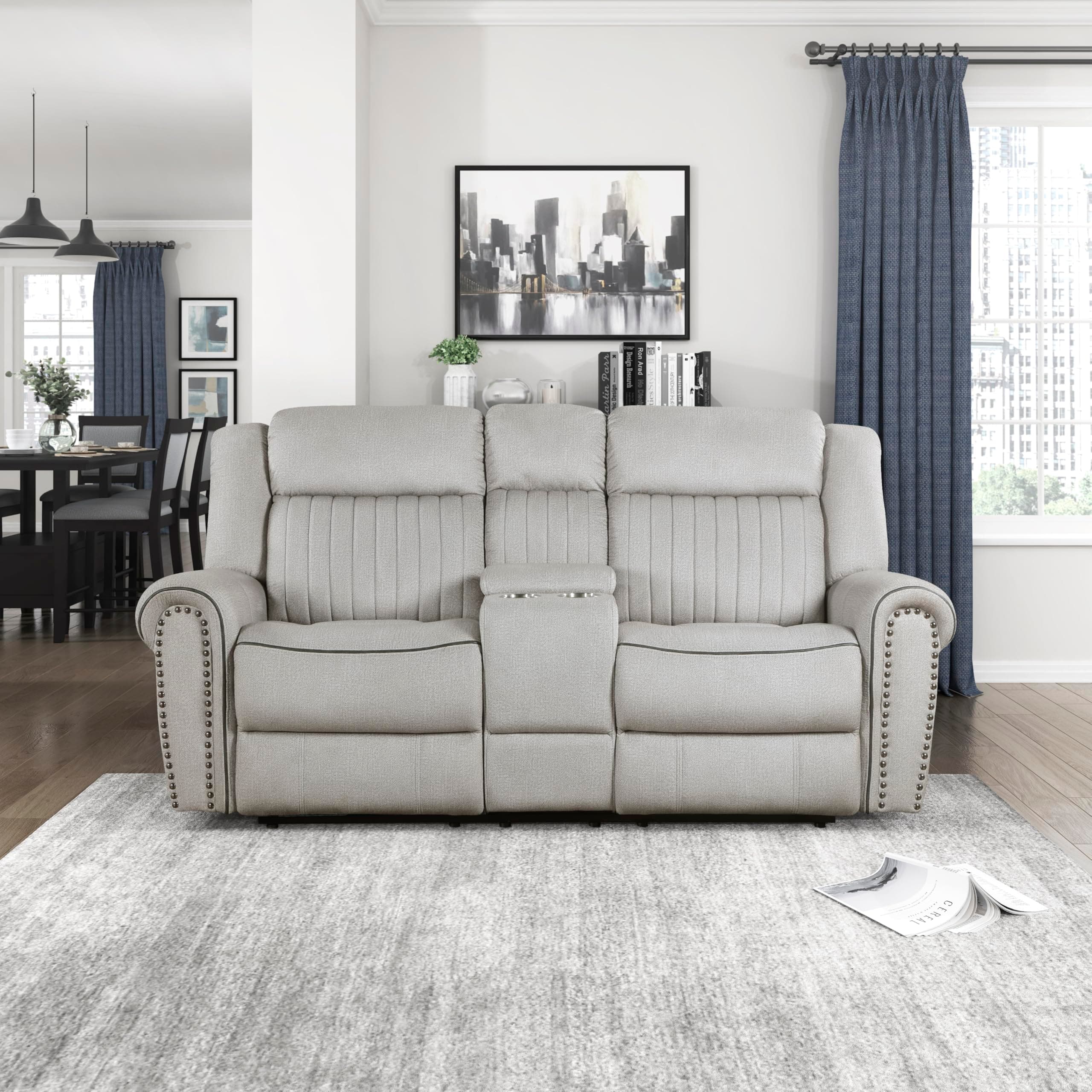 Lexicon Power Reclining Loveseat, Microfiber Recliner with Rolled Arm, Nailhead Trim, Double Reclining RV Couch for Living Room, Home Theater Seating, 75.5''W Love Seat with Center Console, Mist