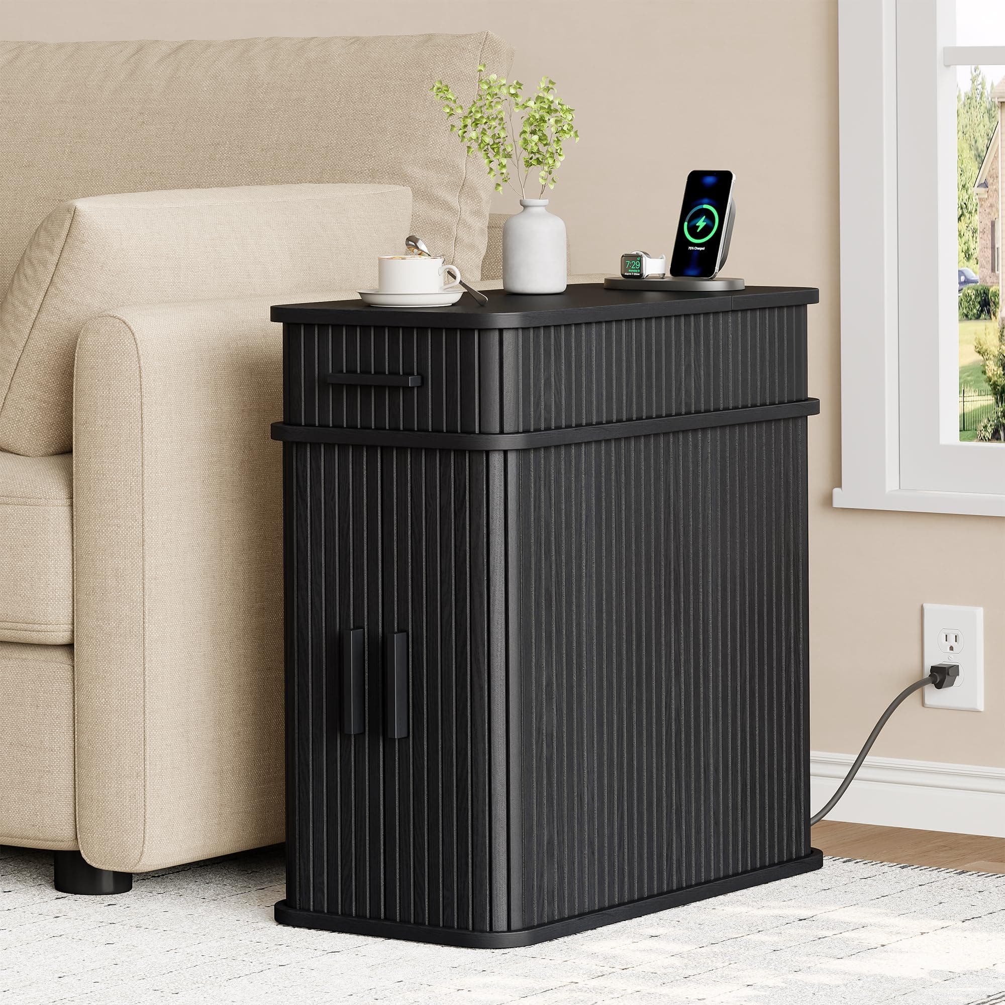 ONBRILL Fluted End Table with Charging Station, Narrow Side Table with Drawers, Skinny Nightstand with Storage, Mid-Century Modern Bedside Tables for Small Space Living Room Sofa Couch Black