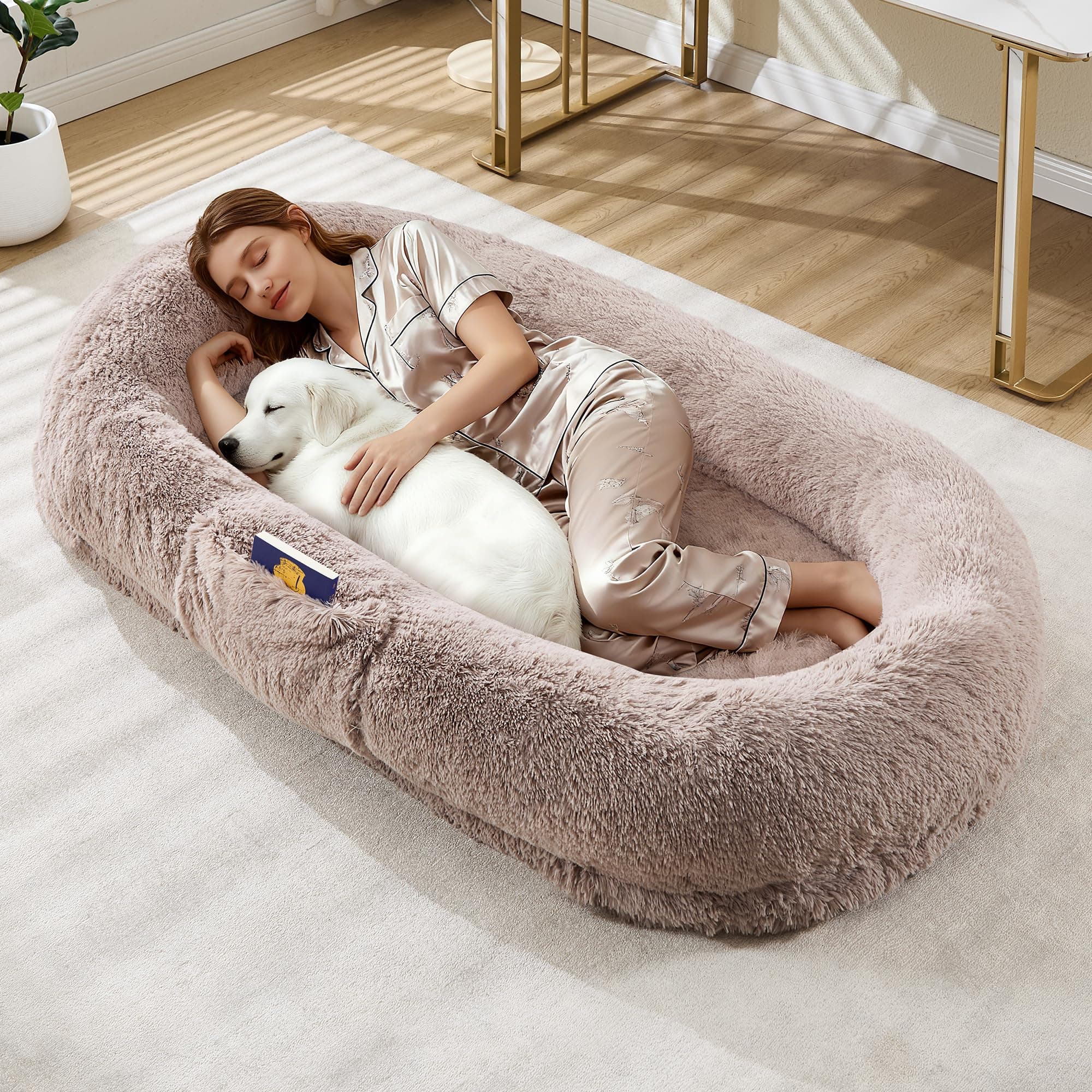 Giant Human & Pet Dog Bed, Washable Faux Fur Orthopedic Bed, Side Pocket & Strap, No Assembly Needed - Light Brown