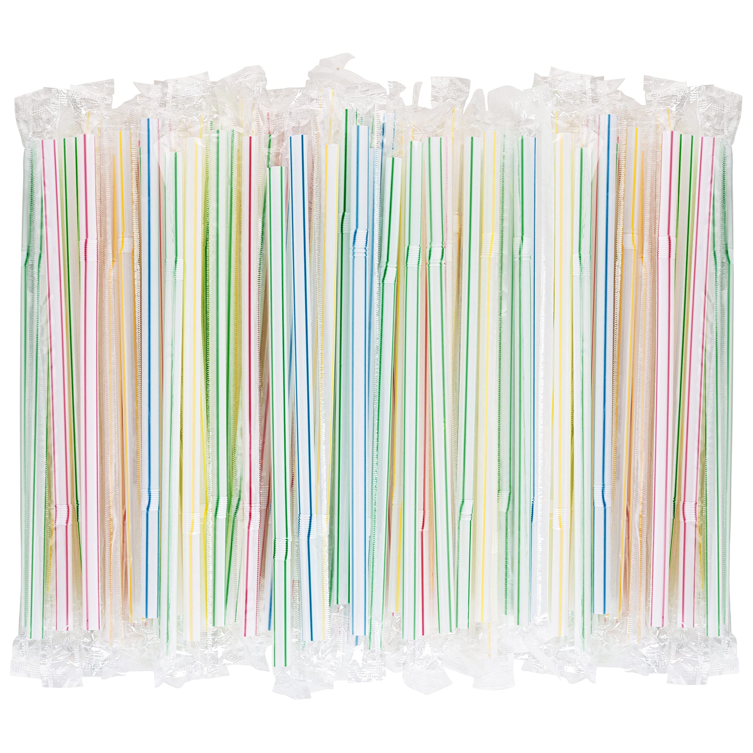 Flexible Plastic Straws 200 Pack - Striped Multi Colored BPA-Free Disposable Bendy Straw 8" Long - by DuraHome (200 Pack Individually Wrapped)