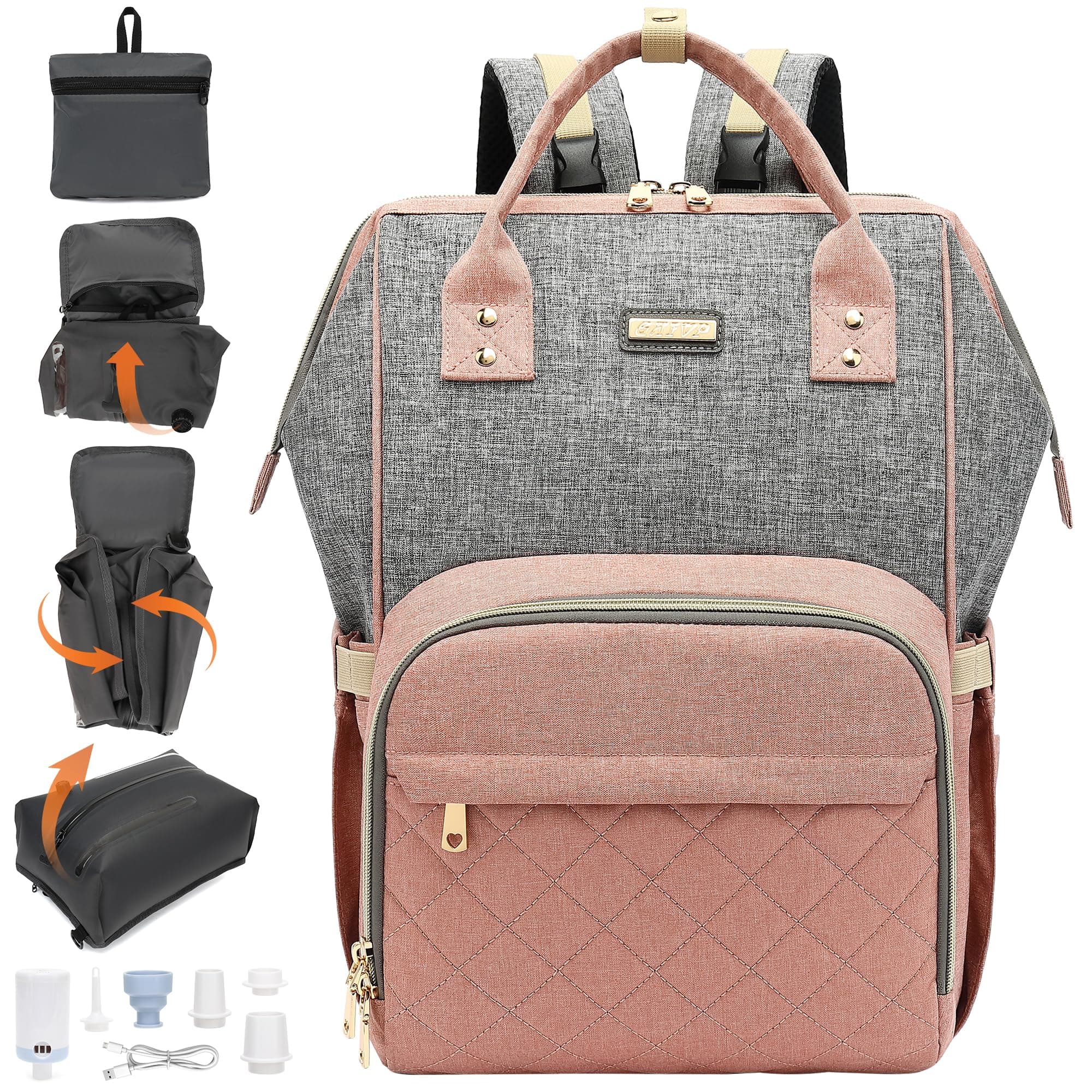 GAIVP Vacuum Compression Diaper Bag, Expandable Waterproof Baby Travel Backpack with Insulated Pockets, Wet-Dry Separation, and Detachable Airtight Bag (Vacuum Pump Included)