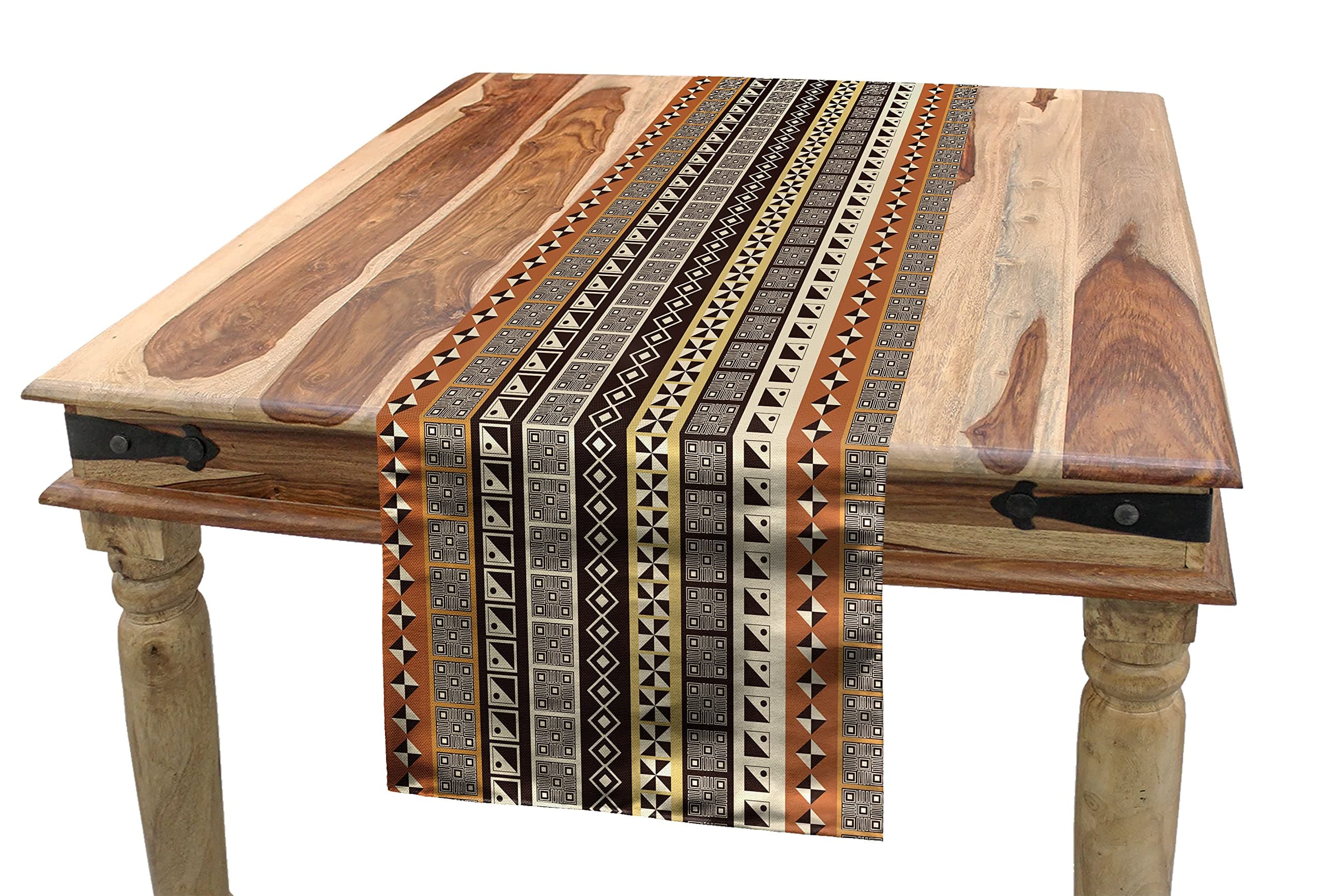 Lunarable African Table Runner, Geometrical Motifs Rhombuses Tiled Squares and Triangles Motifs, Dining Room Kitchen Rectangular Runner, 12" X 72", Brown Black