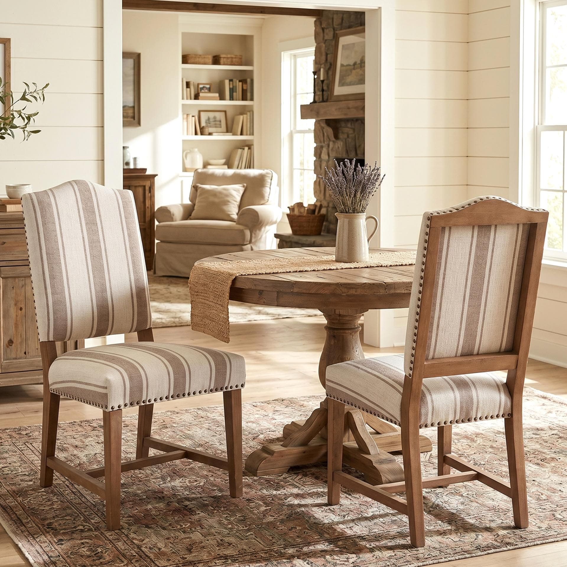 Shunzhi Farmhouse Upholstered Dining Chairs Set of 2 Parson Chairs Mid Century Modern Dining Room Chairs Nailhead Linen Armless Side Kitchen Chairs with Wood Frame/High Back, Brown Stripe