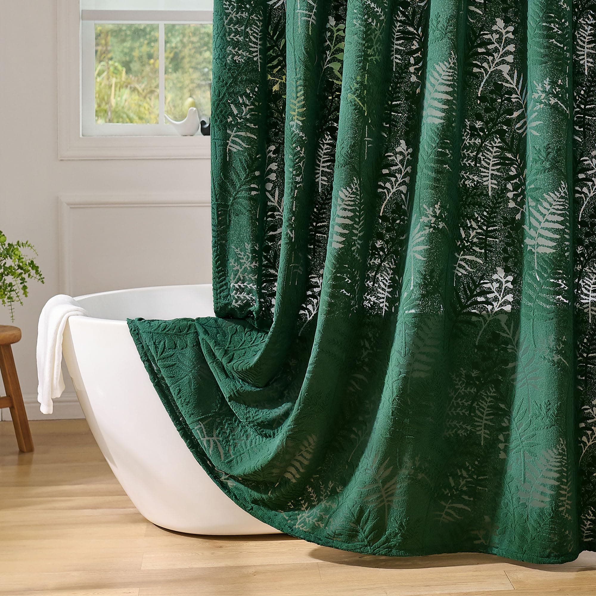 Lameirose Dark Green Shower Curtain Lace Tropical Plant Textured Shower Curtain Sheer Farmhouse Fabric Shower Curtains for Bathroom 72 x 72