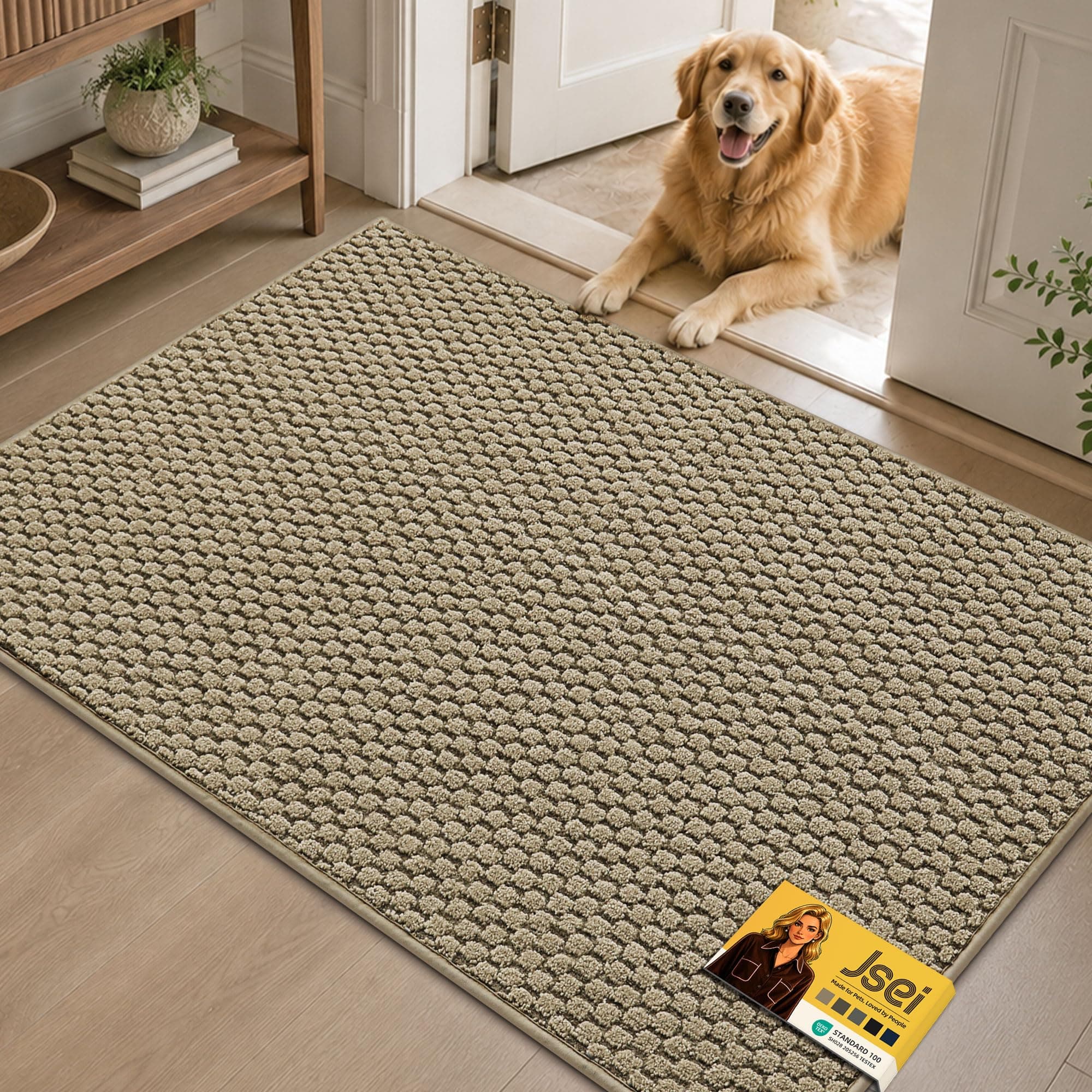 JSEI Dirt Trapper Door Mat 32"x48", Non-Slip Entryway Rugs, Beige