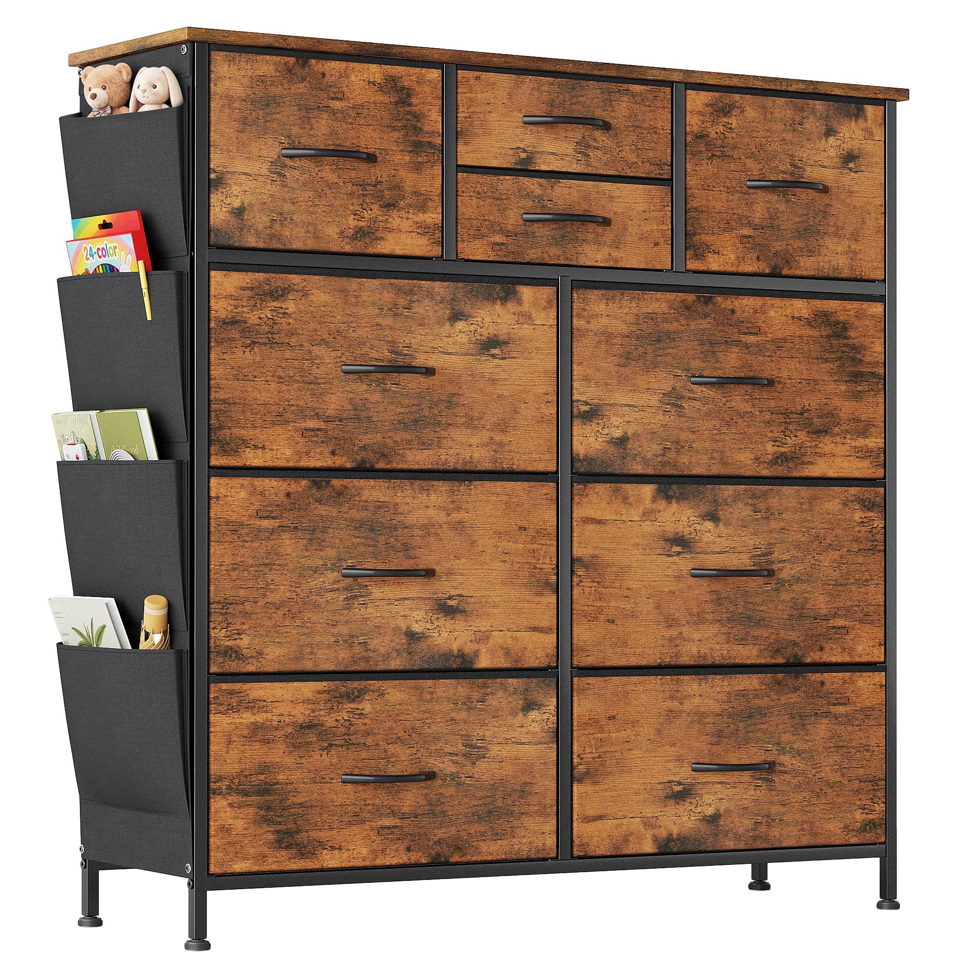 Mexin 10 Drawer Dresser for Bedroom, Fabric Chest of Drawers with Side Pockets, Tall Storage Organizer Tower with Wood Top, Sturdy Industrial Closet Furniture for Living Room Hallway, Rustic Brown