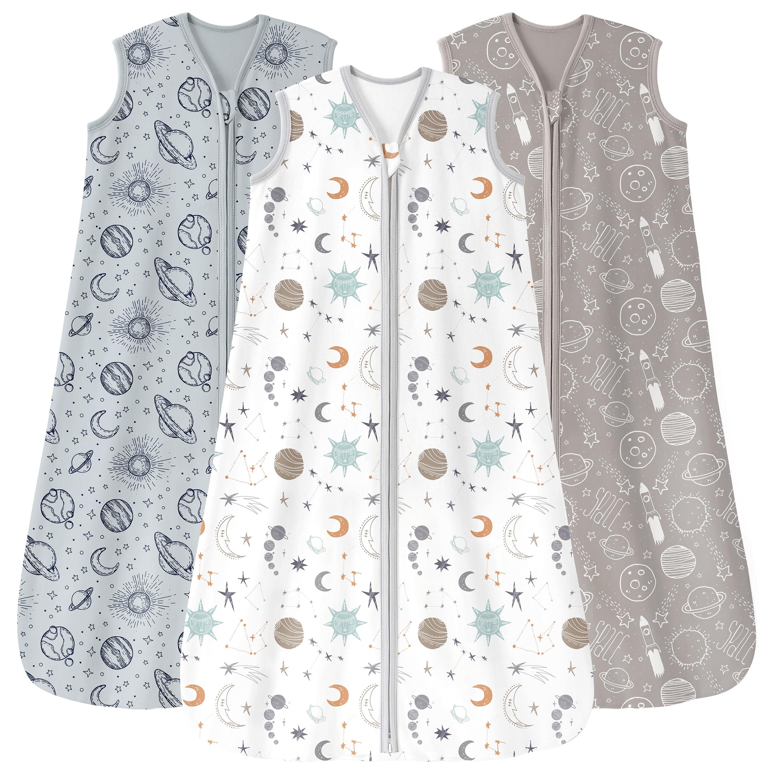 Unnivoll Baby Sleep Sack 12-18 Months 3 Pack 100% Cotton Lightweight 0.5 TOG Wearable Blanket Baby Sleep Bag with 2-Way Zipper for Newborn Infant White Gray Blue Space