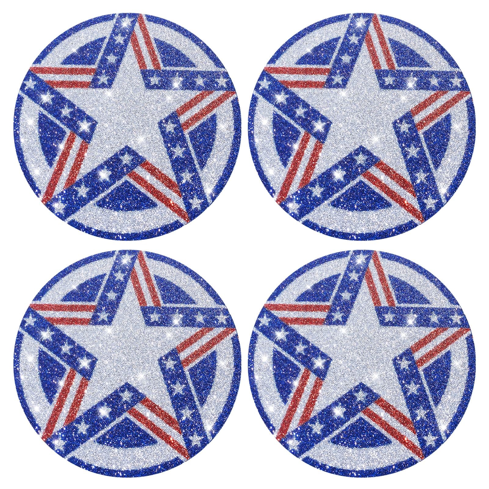 Cumouna 4th of July Placemats Set of 4 America Memorial Day Independence Day America Flag Stars Dining Table Patriotic Decorations Table Mats Glitter Round Placemats 15 Inch (Silver and Blue, 4 pcs)