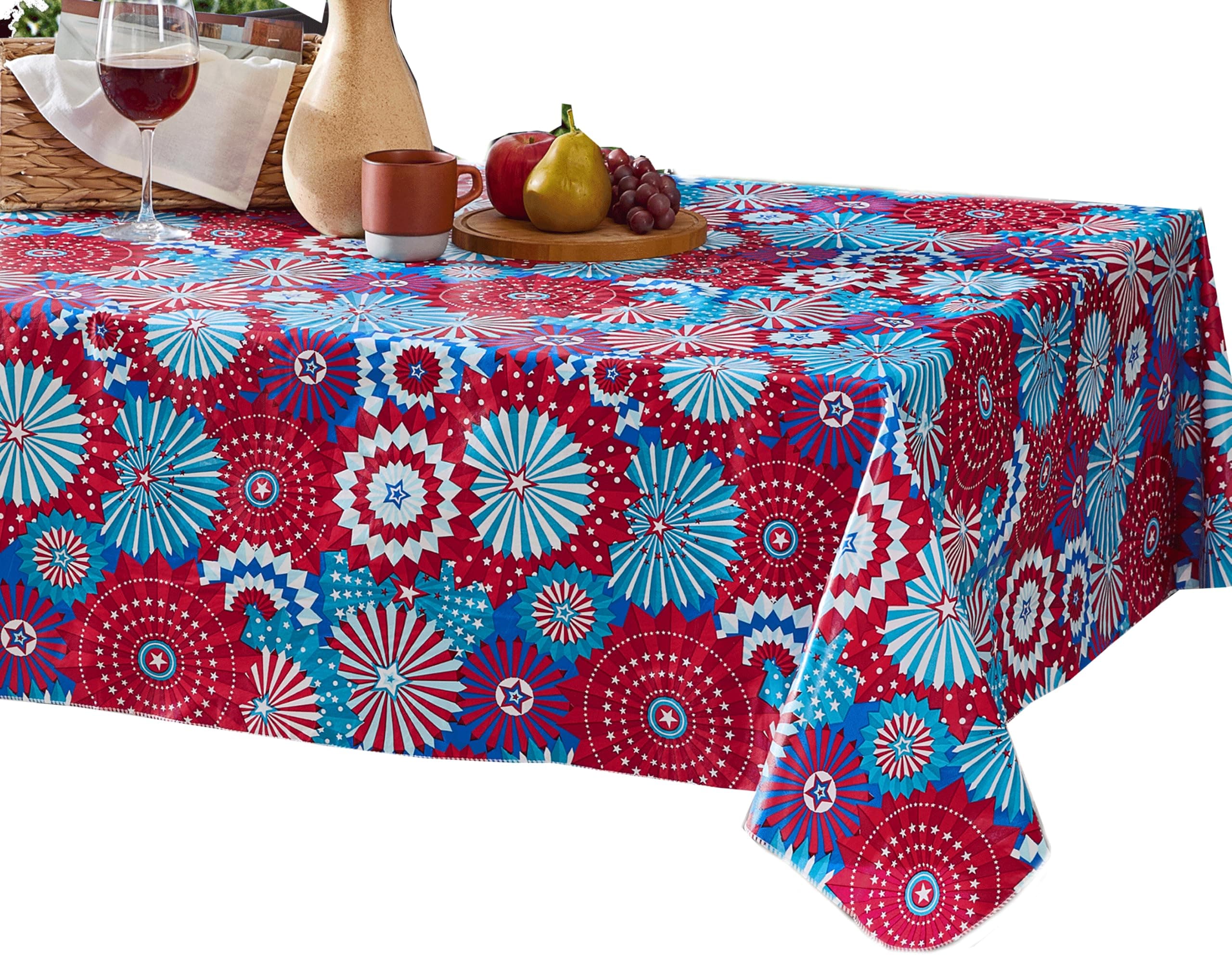 Newbridge Patriot Fireworks Pinwheel Vinyl 60x84 Inch Rectangle Tablecloth