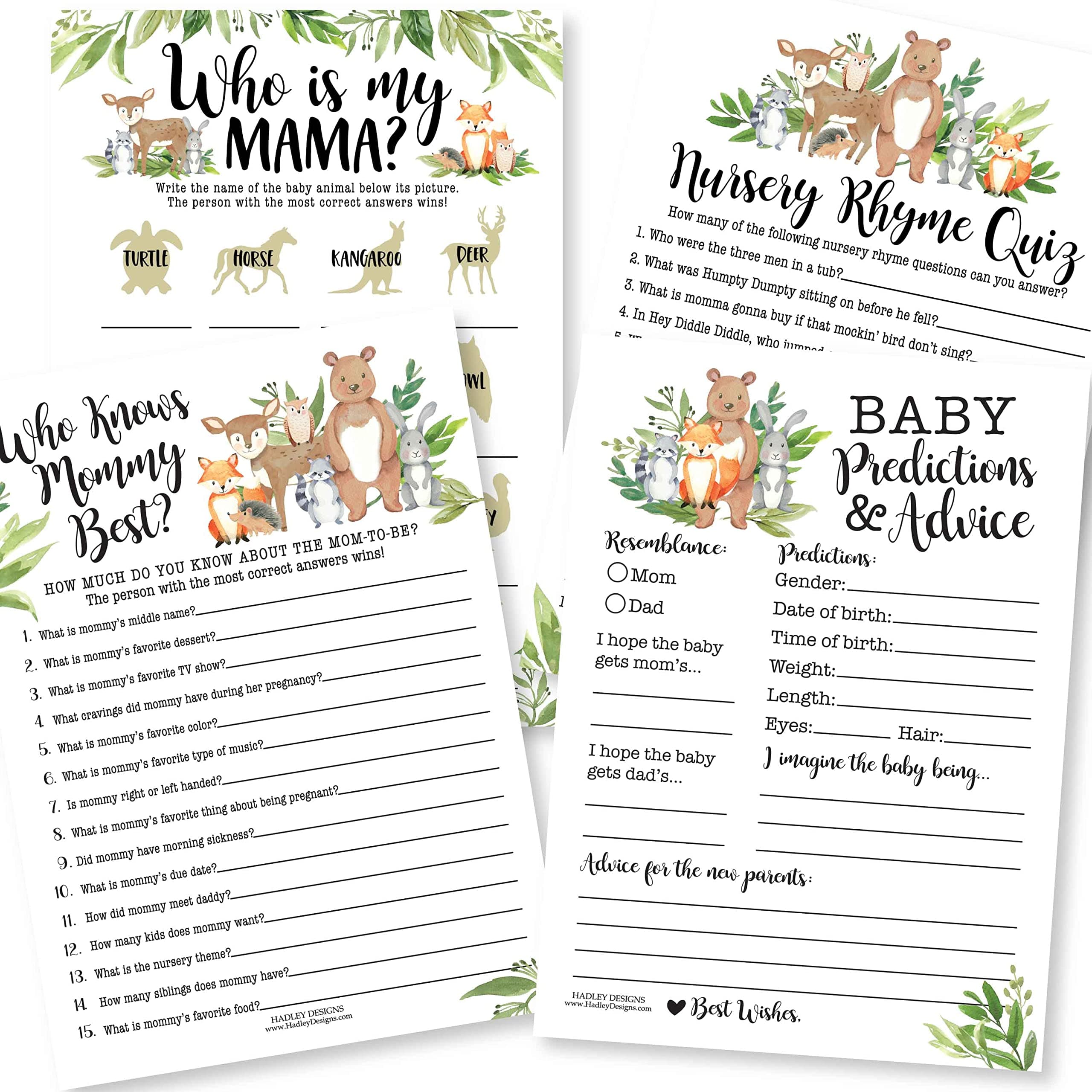 Hadley Designs 50 Woodland Baby Shower Games - 4 Double Sided Games, Who Knows Mommy Best, Baby Animal Matching, Nursery Rhyme, Advice Cards - Unisex, Ages 18+