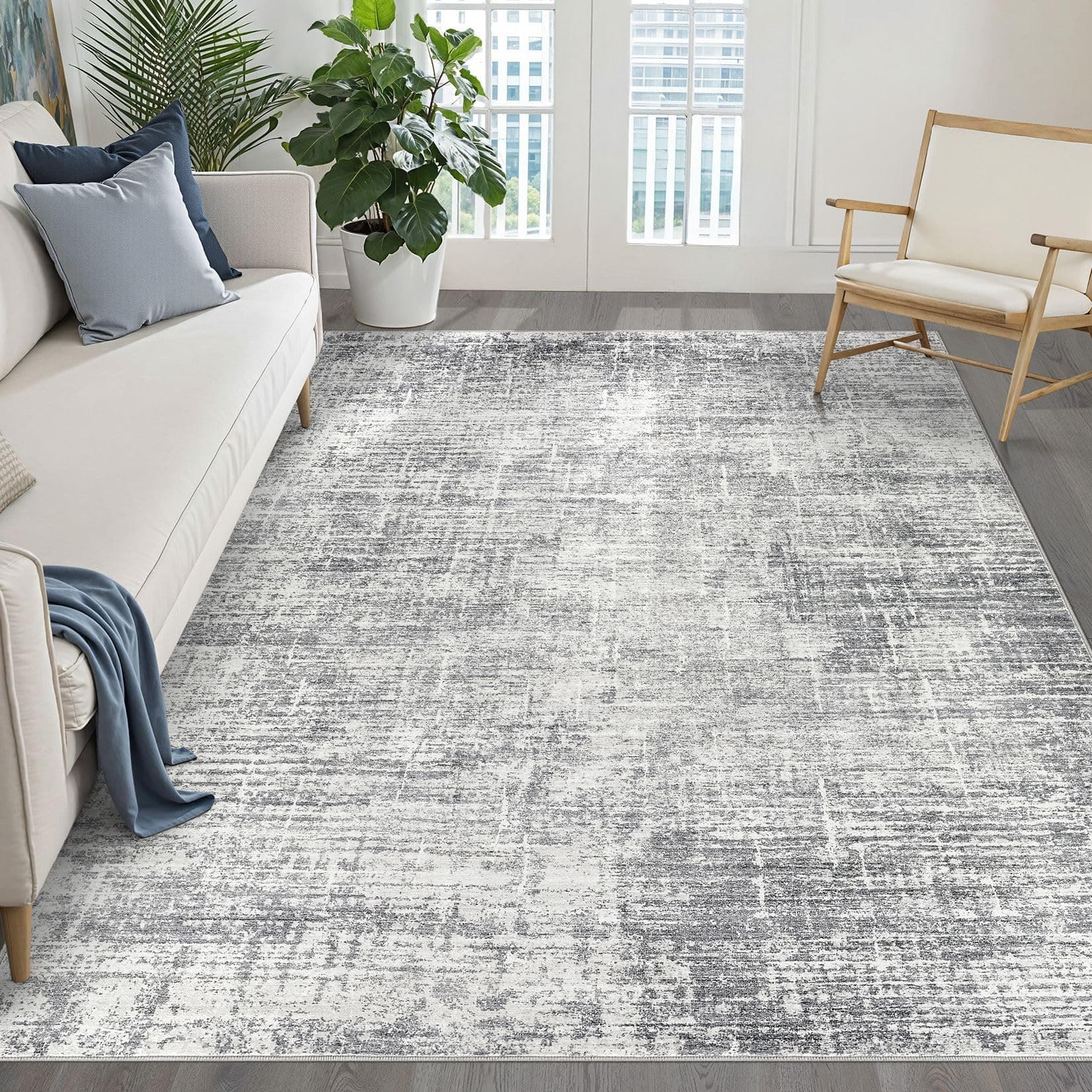 5x7 Area Rugs Living Room: Washable Large Neutral Grey Rug Abstract Soft Modern Stain Resistant Indoor Floor Non-Slip Carpet for Bedroom Nursery Kids Office Playroom Dining Room Under Table Home