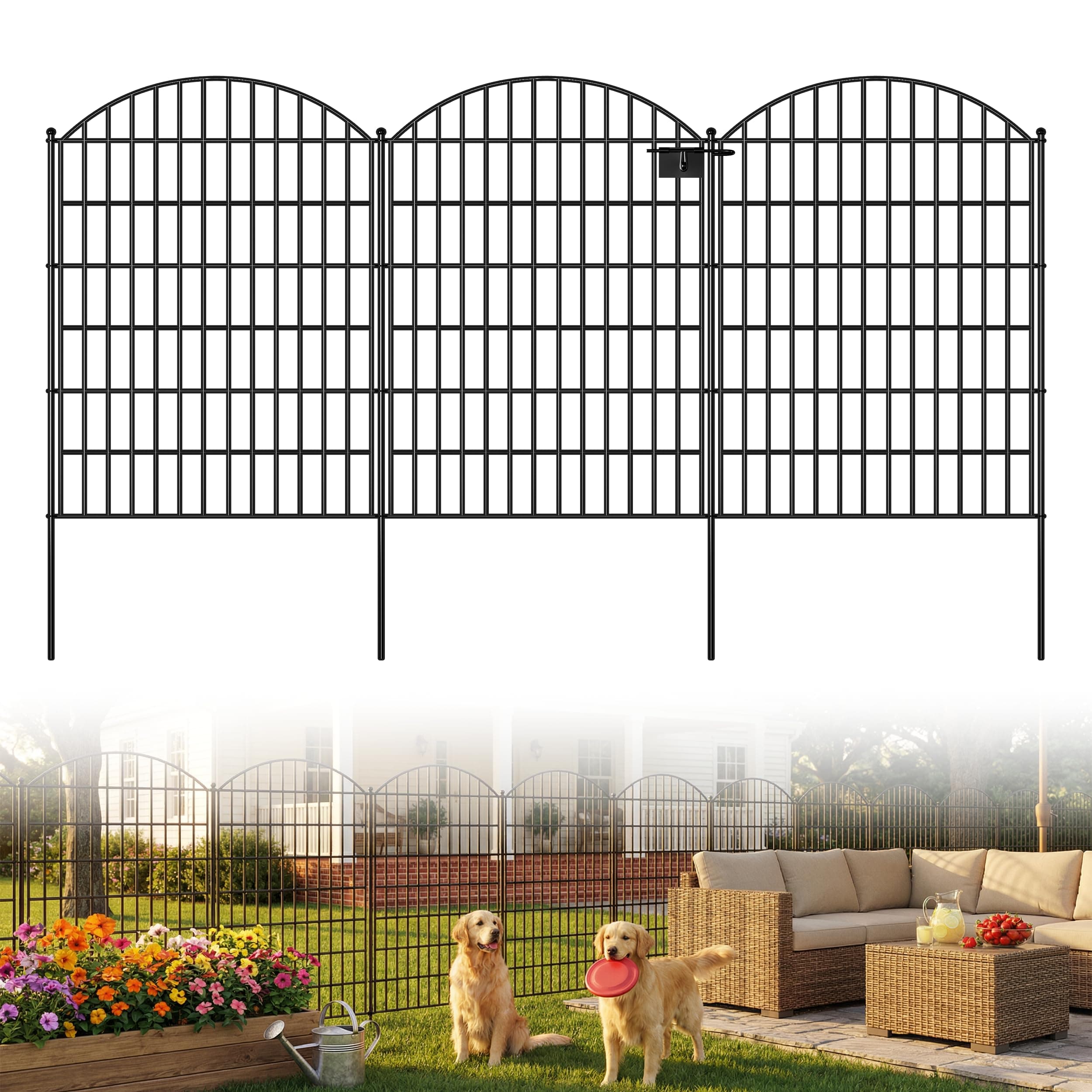Toolterritary 5 Panels Arched No Dig Decorative Garden Fence with Gate, 40in(H) x 12.5ft(L) Dog Fence Outdoor for Yard, Rustproof Metal Garden Fence Animal Barrier for Dogs, Rabbits & Patio