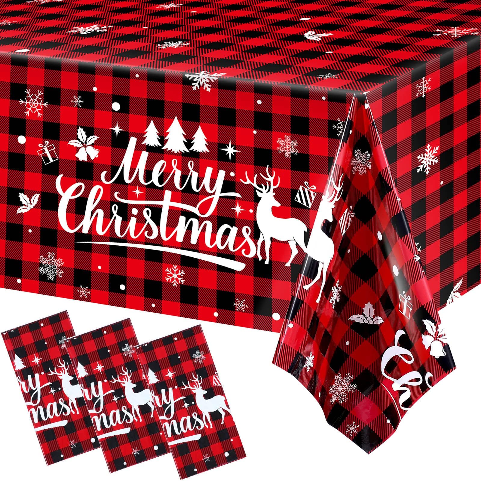 Irenare 6 Pcs Christmas Tablecloth Red and Black Buffalo Plaid Table Cover