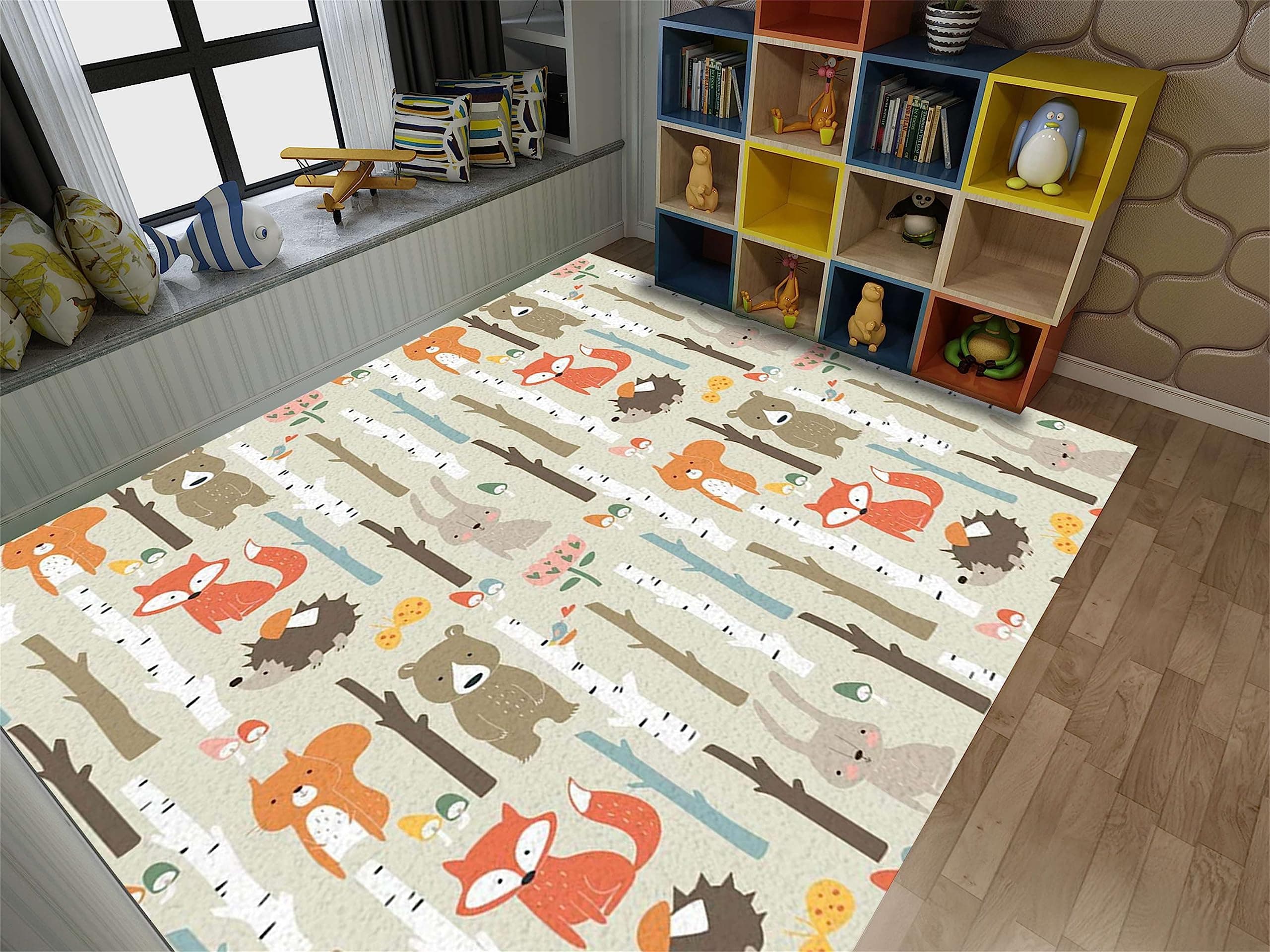Cartoon Animal Area Rug,3x5ft, Forest Tree Fox Bear Baby Room Decoration Rug, Soft Washable Comfortable Carpet, Large Area Durable Rug for Children's Room Boys Girls Bedroom