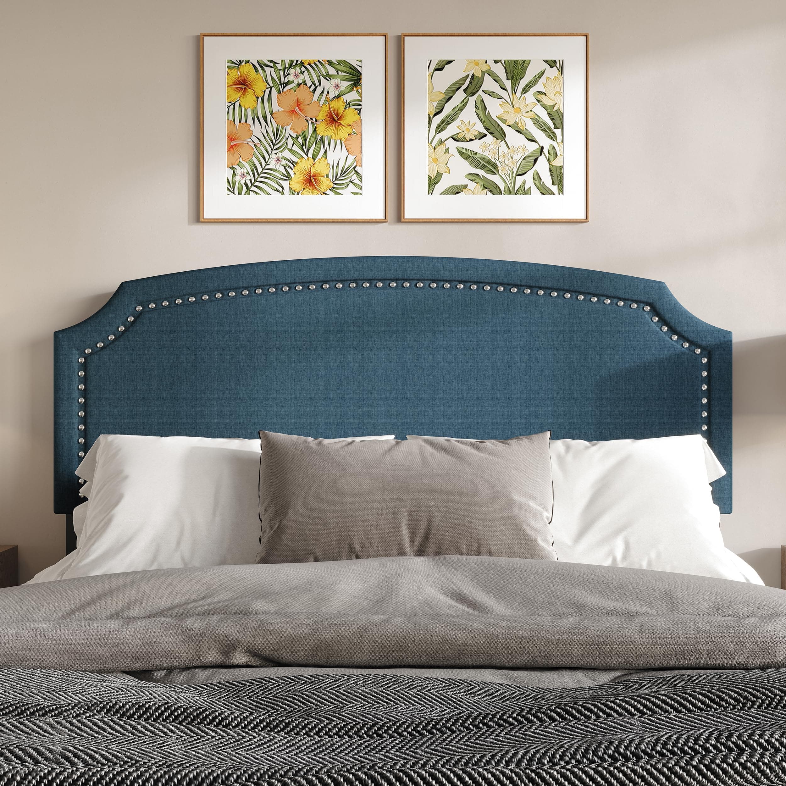 Home Design Bowie Twin Size Upholstered Headboard, Notched Corners, Nailhead Trim, Adjustable Height, Polyester Fabric, Solid Wood Frame, Denim Blue
