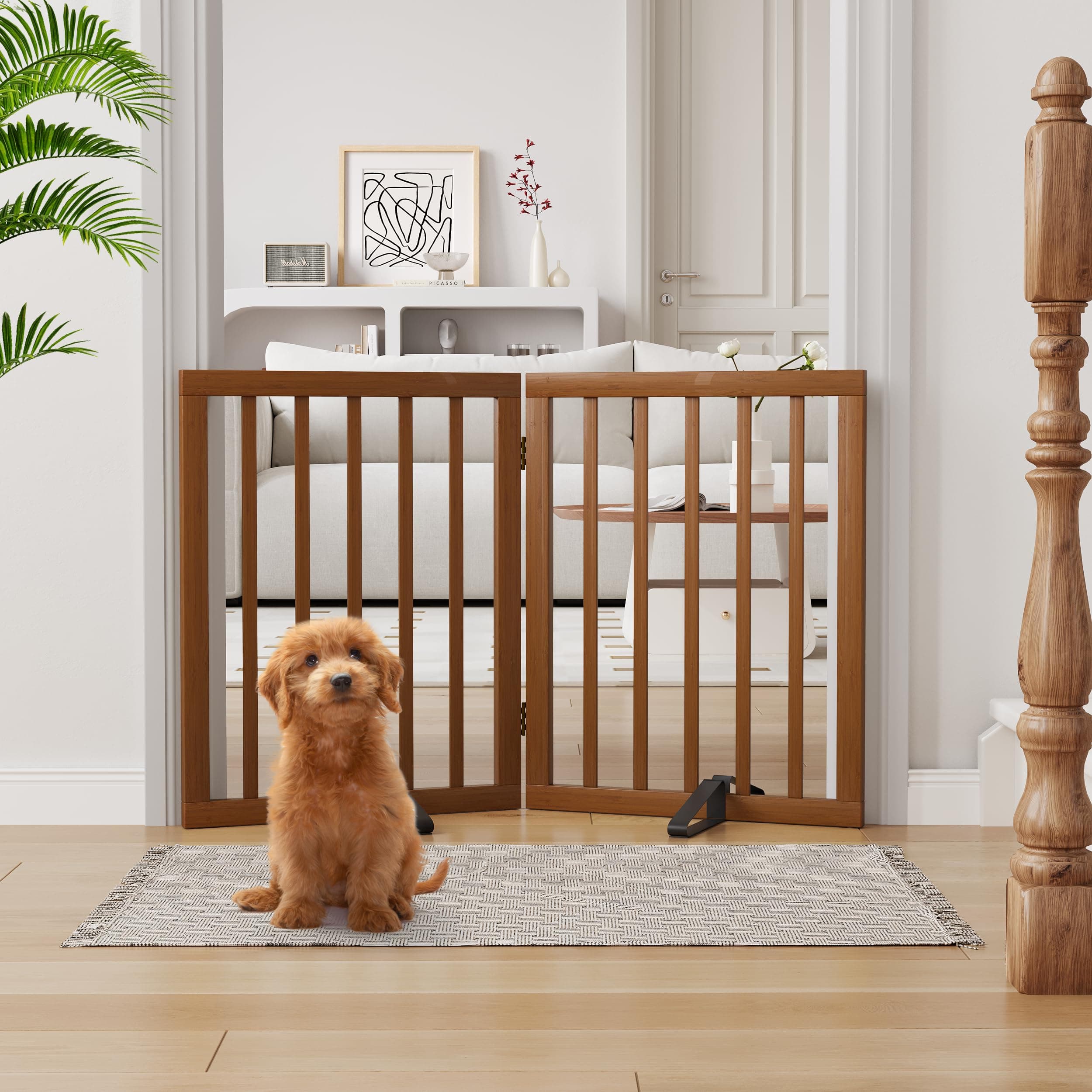 Freestanding Pet Gate with 2 Stands, Bamboo Dog Gates for Doorways, Dog Gates for The House, Puppy Gate for Stairs, Foldable Indoor Gate Safety Fence, 60cm Height-2 Panels Fully Assembled-Walnut