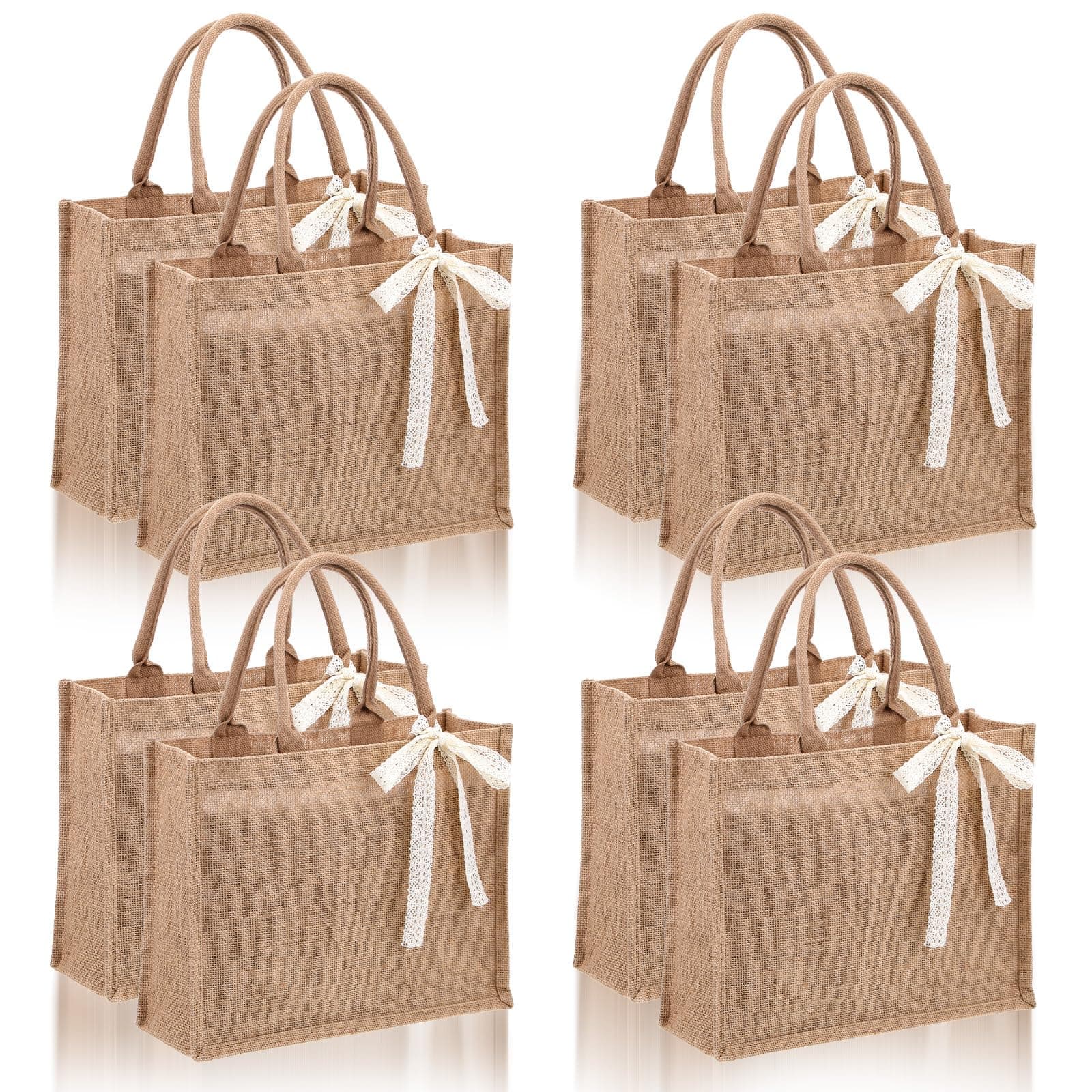 8pcs Burlap Tote Bag Set with Handles, Waterproof Reusable Blank Water Resistant Grocery Bags with Ribbon Large Jute Tote 13.7*5*11 Inch for Women Bridesmaid Gift Beach Shopping Wedding Travel DIY