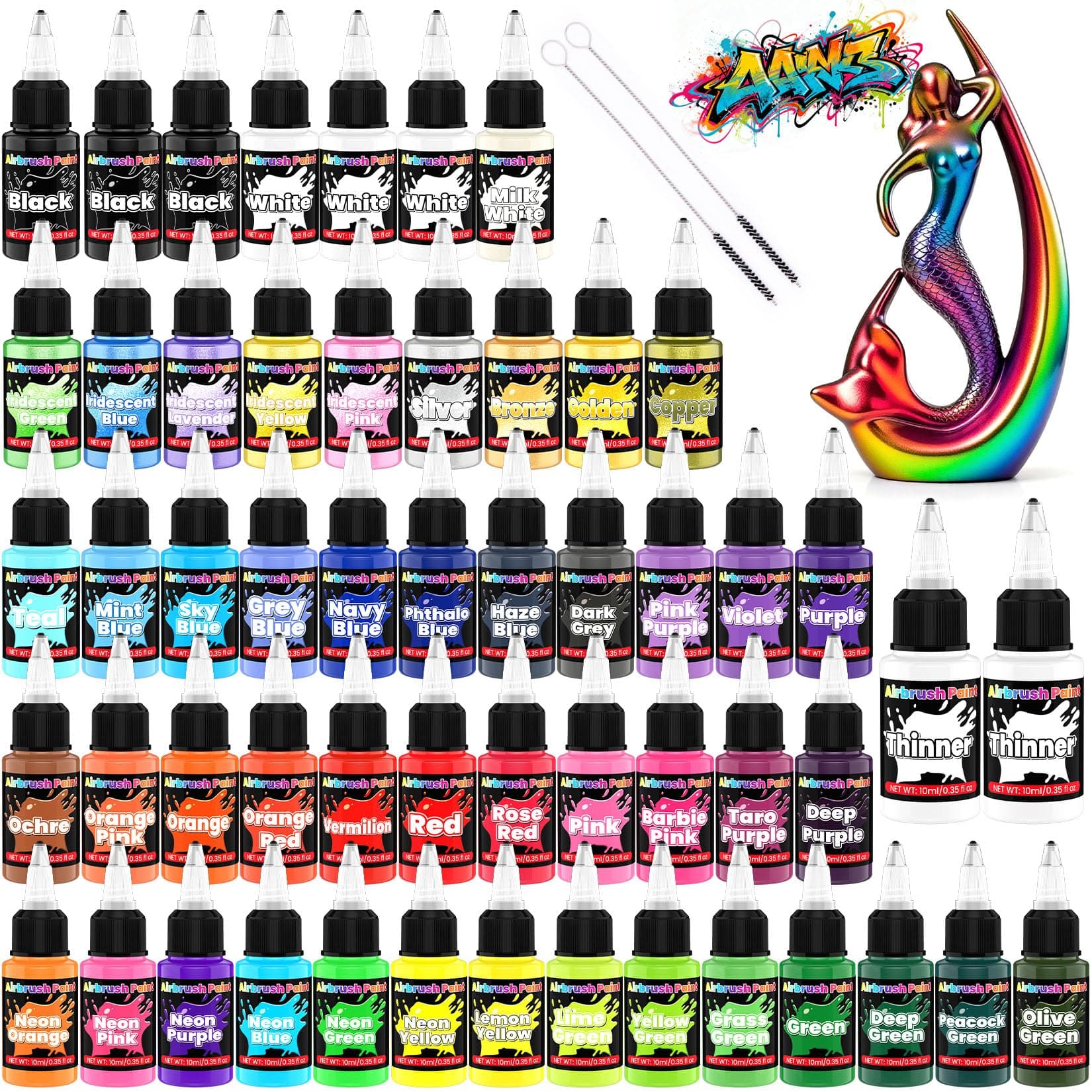 HXDZFX Airbrush Farben - 54 Farbe mit 2 Airbrush Thinner, Spritzfertiges Air Brush Farben, Schnell Trocknend Acrylfarben für Modellbau, Auto, Metall, Stoff, Künstler, Anfänger 4 Farbtypen