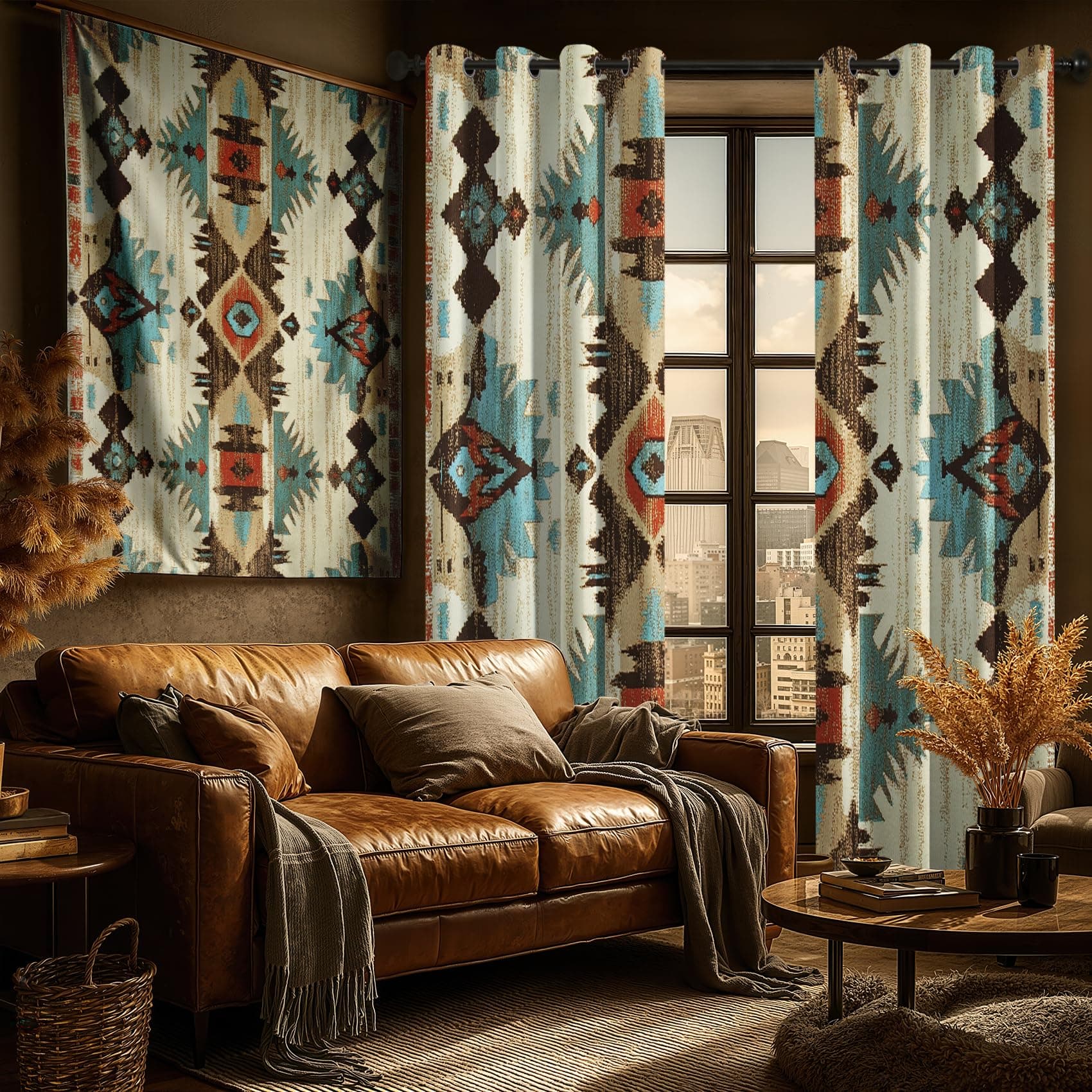 Aquailis Tribal Curtains Blackout for Living Room, Rustic Aztec Native American Navajo Geometric Bedroom Curtains 63 Inches Long, Thermal Insulated Room Darkening Grommet Patterned Drapes for Windows