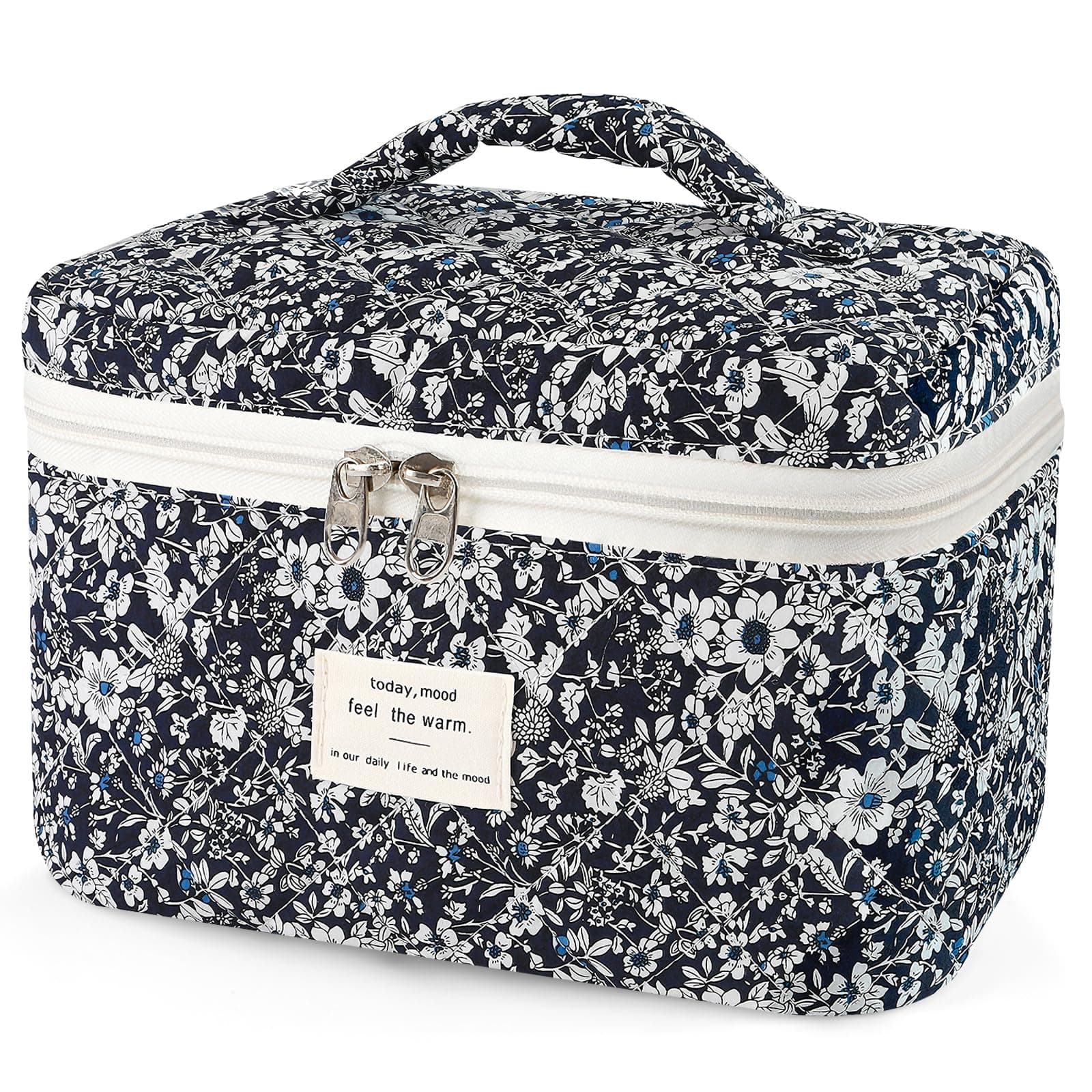 Givurao Makeup Bag Set, Quilted Makeup Bag Large Floral Cosmetic Bag for Women Cute Cotton Makeup Bags Flower Travel Toiletry Organizer Bag, Black Flower-Large, Cute,fashionable,elegant