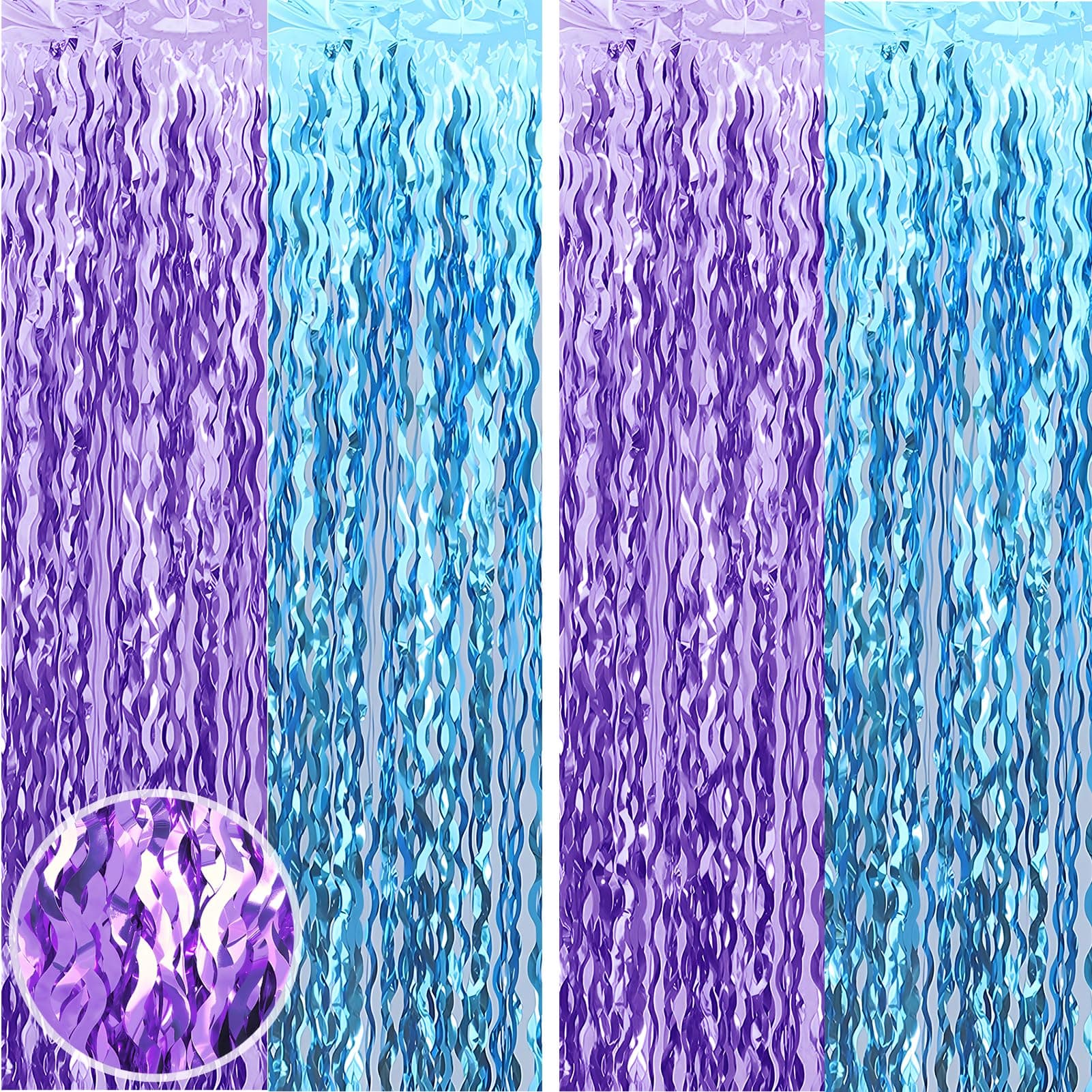 BUDICOOL Wavy Teal Blue and Purple Tinsel Foil Fringe Curtain Photo Booth Props for Mermaid Birthday Decorations Under The Sea Party Decorations (2 pcs 3.2 ft X 6.6 ft