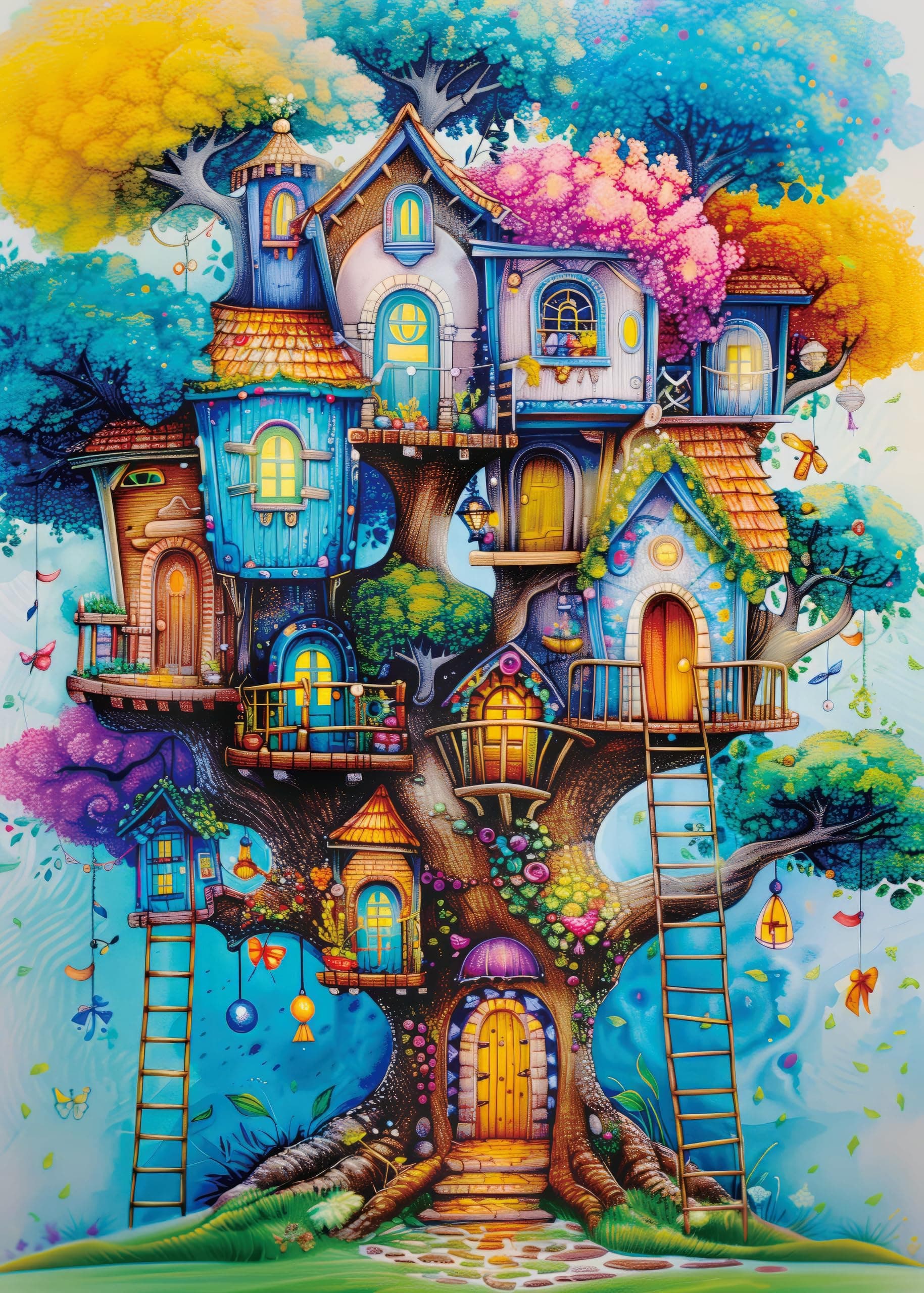 Larkipuzz Magical Tree House Jigsaw Puzzle 1000 Piece for Adult, Colorful Plant Art Painting Jigsaw Puzzles, Rainbow Nature Aesthetic Puzzle