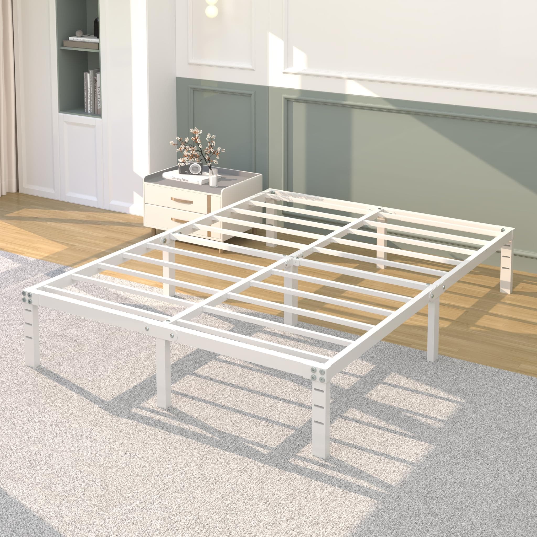 14 Inch Metal Platform Bed Frame No Box Spring Needed Heavy Duty Steel Slat Underbed Storage, White, Queen